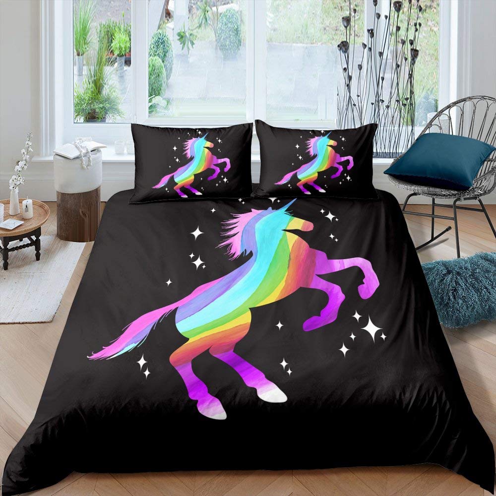 Full Duvet Cover Set - Black Bedding with Colorful Unicorn & Horse Print - 3Pcs Comforter Cover & Pillow Shams for Kids, Teens & Adults - Soft Quilt Cover for Bedroom Decor - Perfect for Kids' Rooms, Guest Bedrooms & Dorm Essentials