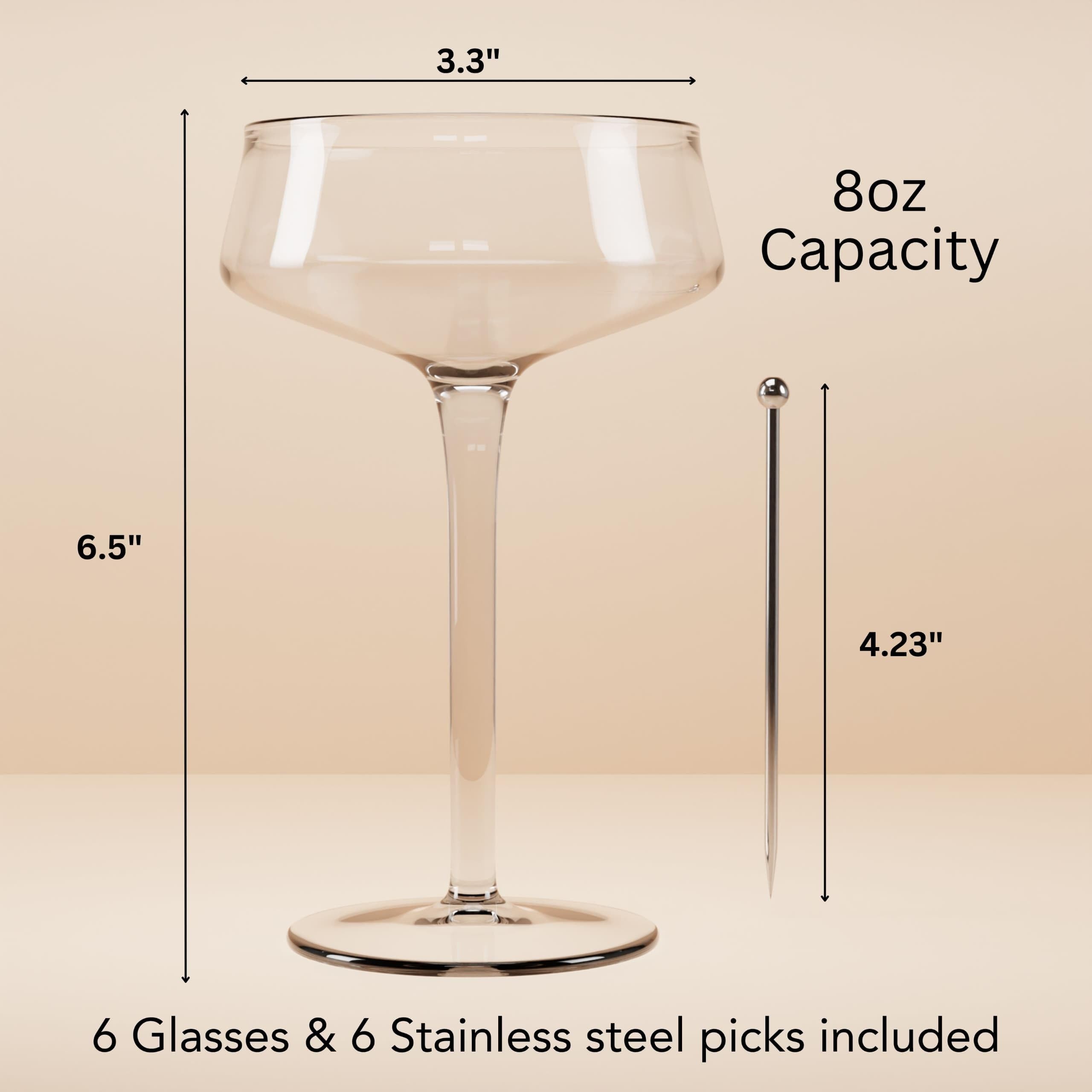 Elegant 8oz Hand Blown Crystal Champagne Coupe Glasses Set of 6 with 6 Stainless Steel Cocktail Picks - Vintage Martini Glasses for Champagne, Cocktails & Parties - Perfect for Weddings, Anniversaries & Home Entertaining