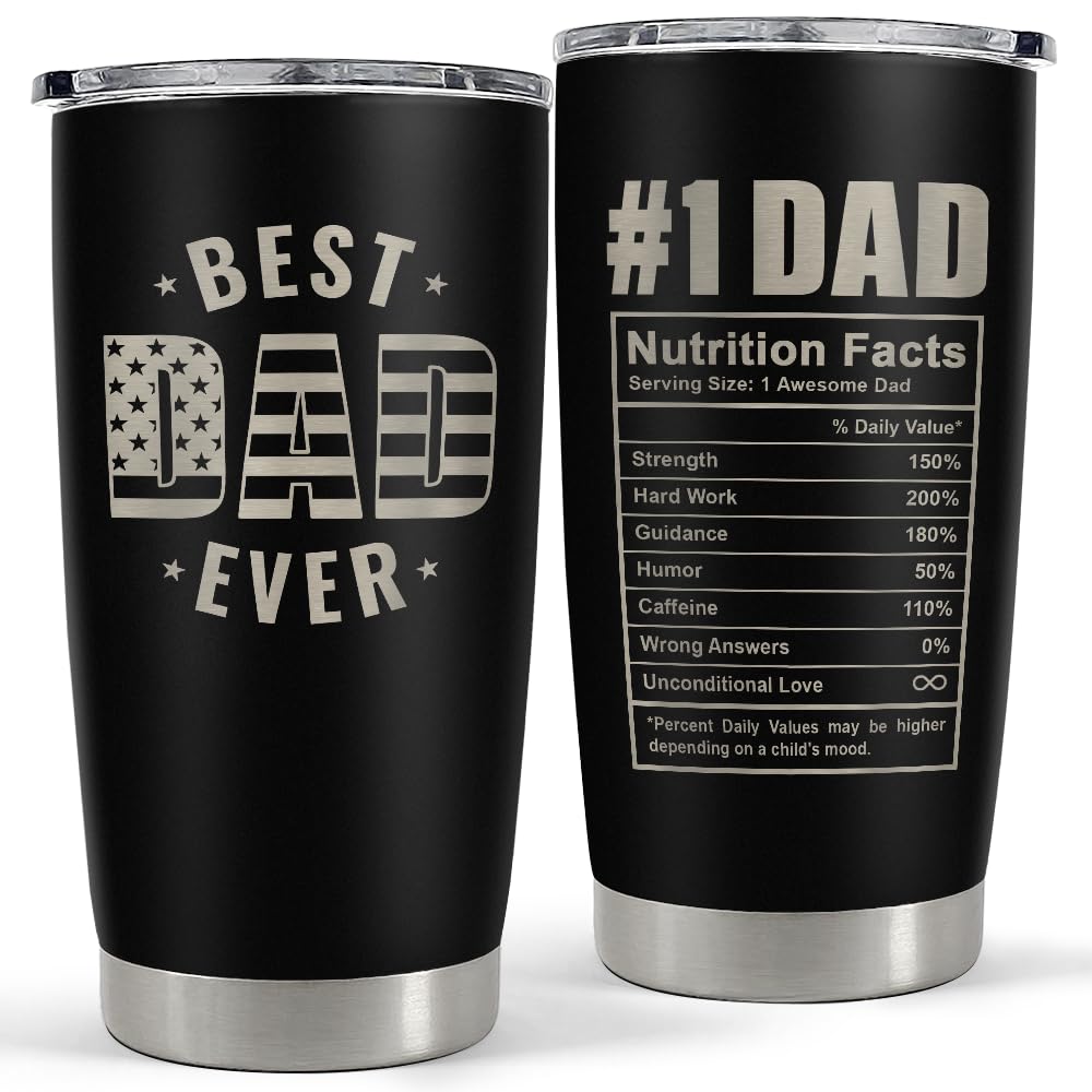 Best Dad Ever Tumbler 20oz - Insulated Stainless Steel Coffee Mug with Lid - Dad Nutrition Facts Design - Perfect for Travel, Outdoor, Sports & Office - Great Gift for Father’s Day, Birthday & Special Occasions
