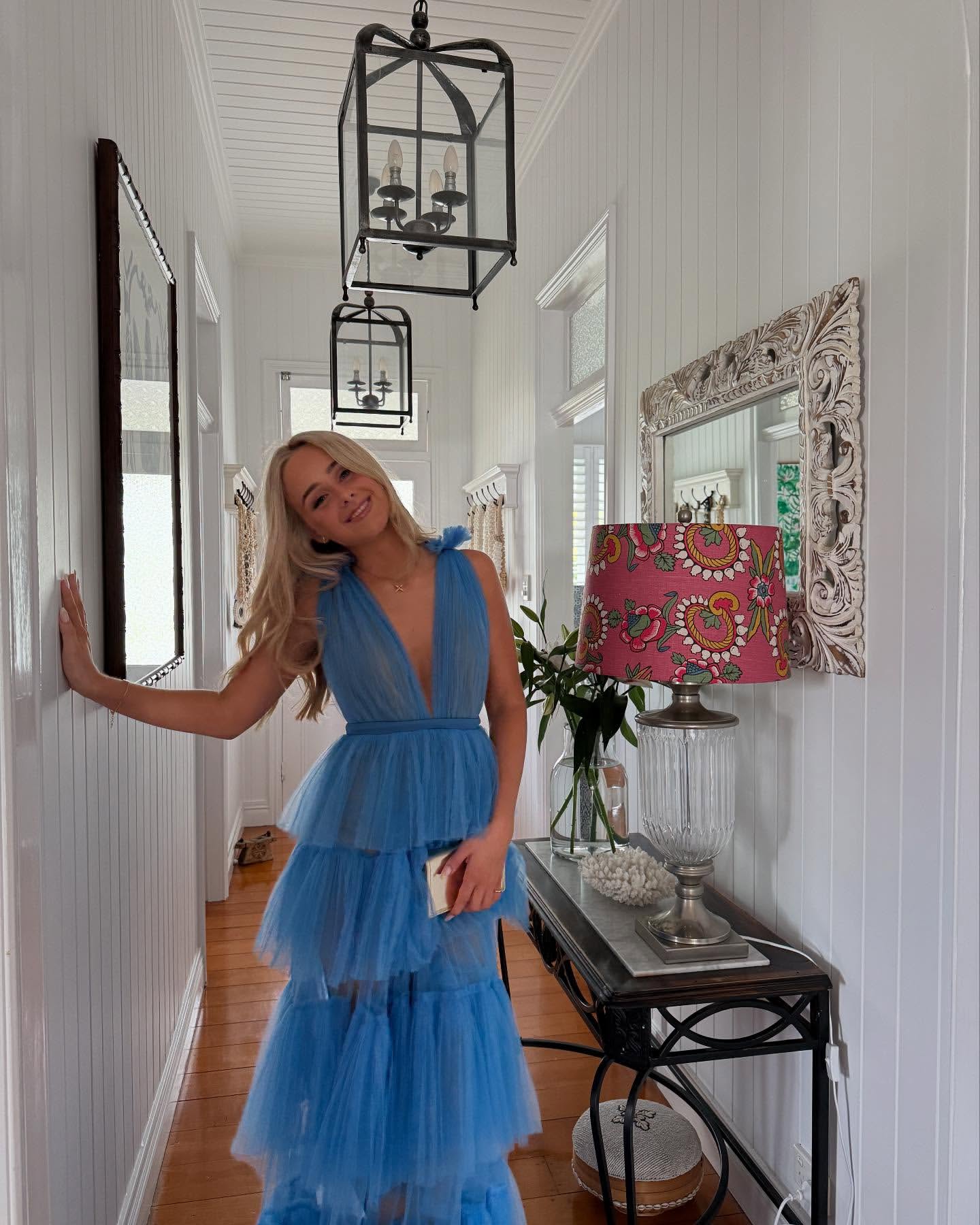 Elegant Deep V Neck A-Line Blue Prom Dress with Tiered Skirt - Perfect for Wedding Guest, Homecoming & Formal Events - Style J6935