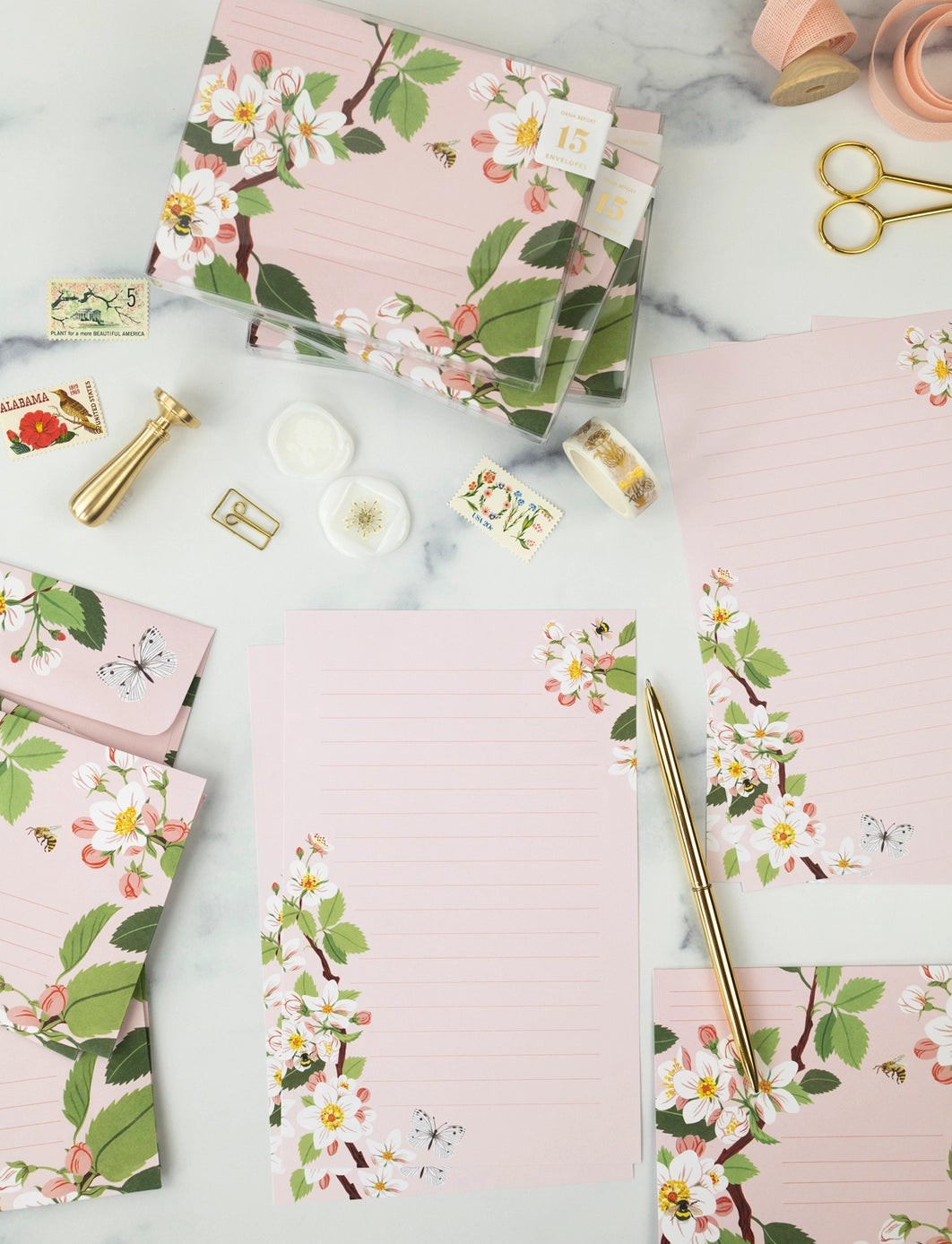 Botanica Paper Co. Apple Blossom Floral Letter Writing Set - Elegant Stationery for Handwritten Notes, Thank You Cards & Wedding Invitations - Perfect for Special Occasions & Thoughtful Correspondence
