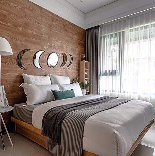5PCS Removable Acrylic Mirror Set - Nordic Style Wooden Moon Phase Wall Mirror for Home Decor, Self-Adhesive No Drill Hanging, Perfect for Living Room, Bedroom & Office (Light White) - Create Elegant Boho Vibes & Enhance Small Spaces