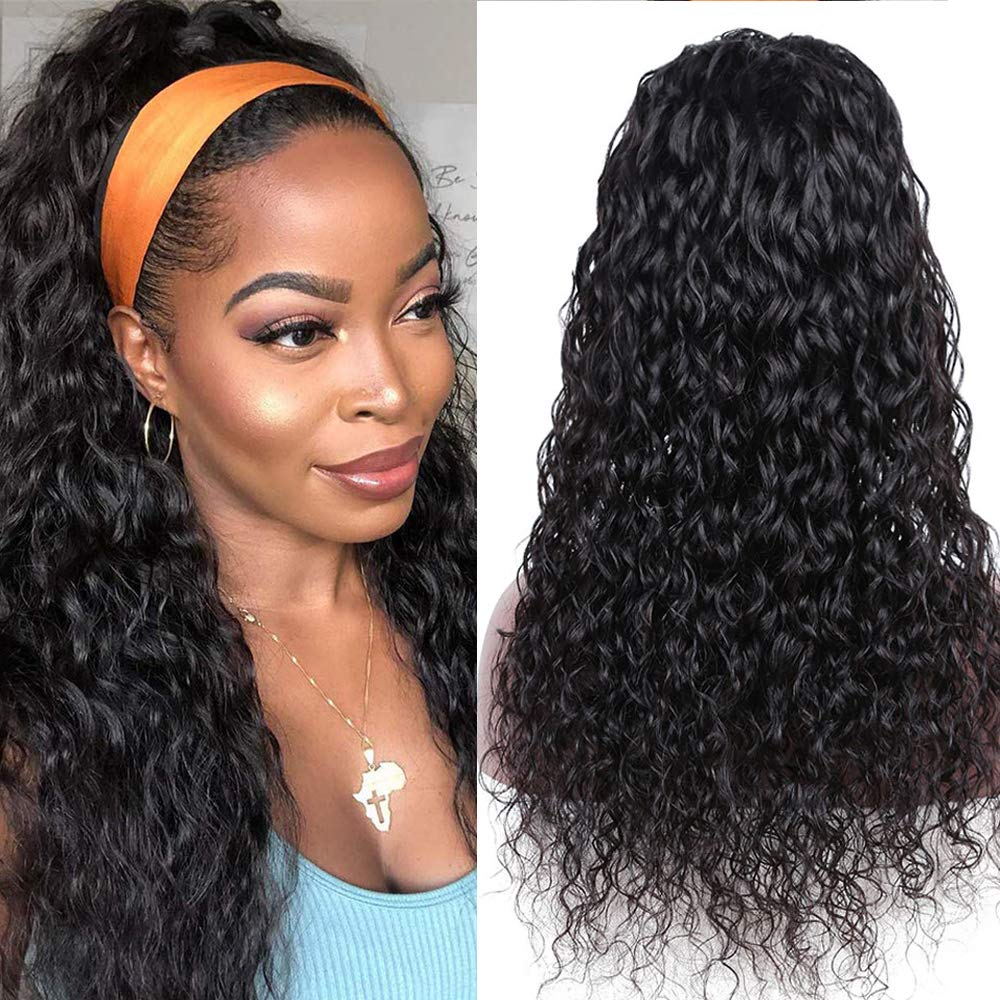 20 Inch Water Wave Human Hair Wigs for Women - Brazilian Virgin Hair Glueless Wavy Wig with Free Headbands, Non Lace Front Protective Style 180% Density - Perfect for Daily Wear, Parties & Protective Styling