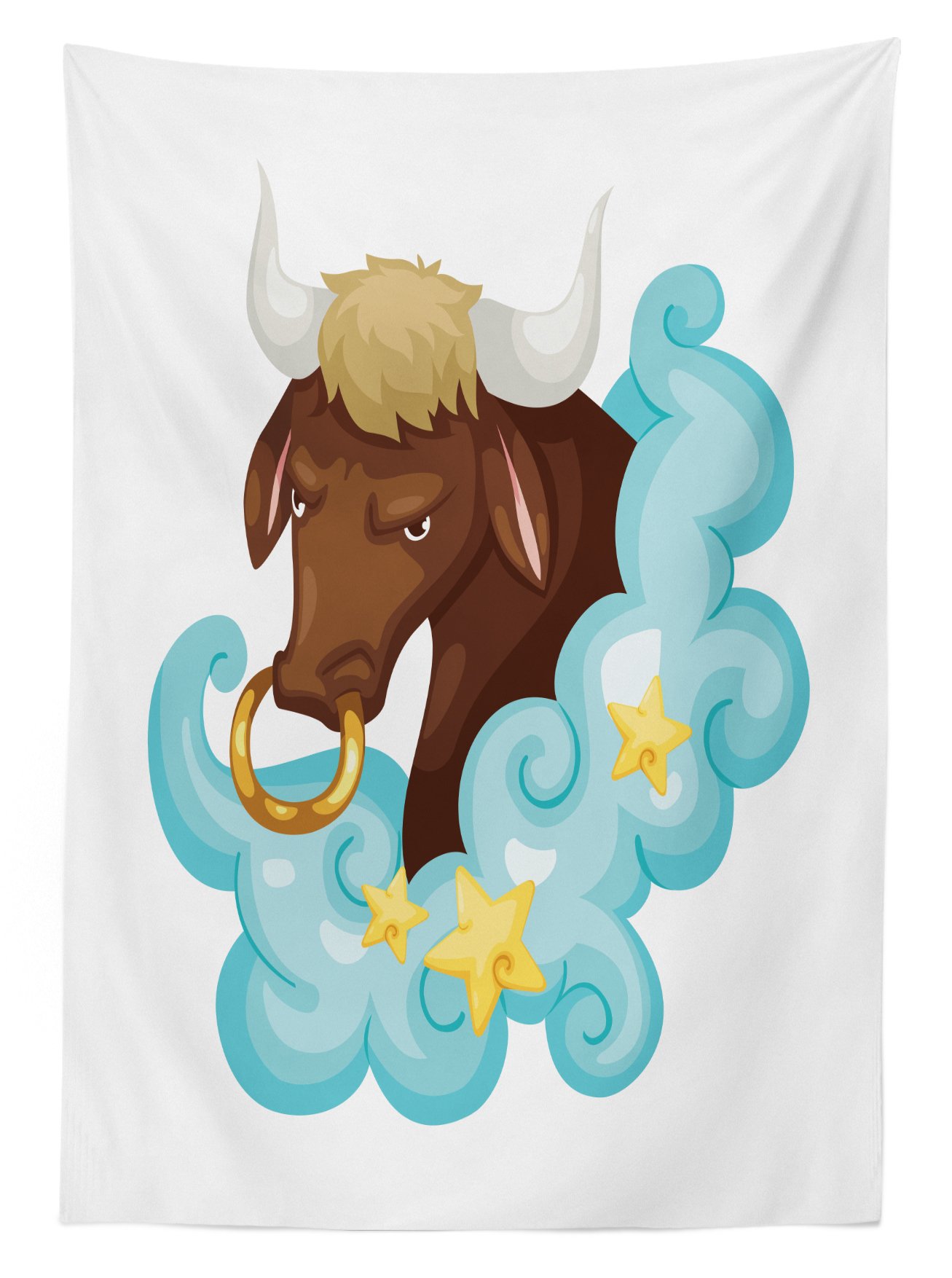 Ambesonne Zodiac Taurus Outdoor Tablecloth - Cosmic Cartoon Bull Design with Blue Clouds & Yellow Stars - Washable Picnic Table Cover 58x84 Inches - Perfect for Garden Parties, BBQs & Outdoor Dining