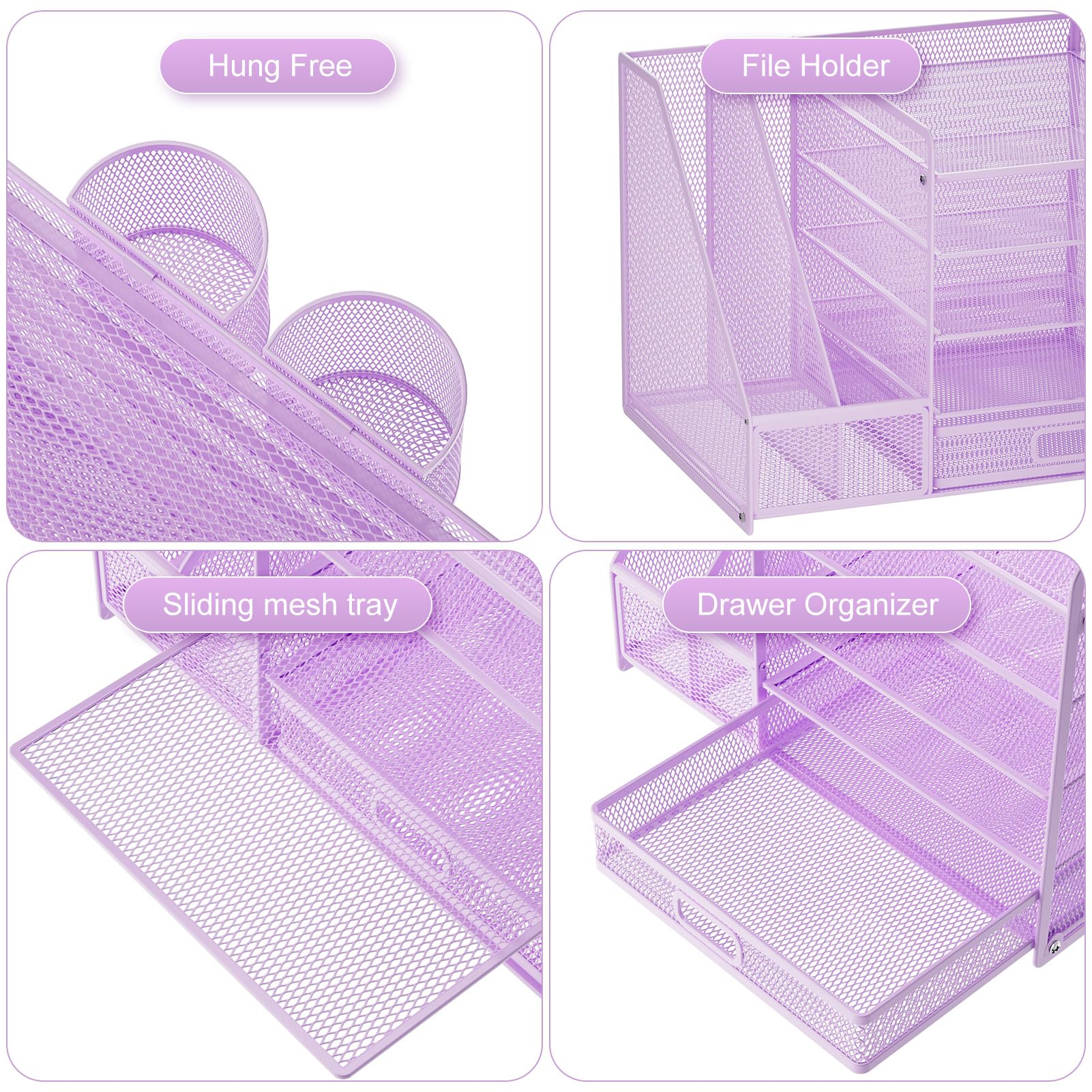 5-Tier Mesh Desk Organizer with File Holder, Drawer & Pen Holders - Purple Office Paper Tray for Letters, Magazines & Supplies | Perfect for Home Office, School & Workspace Organization