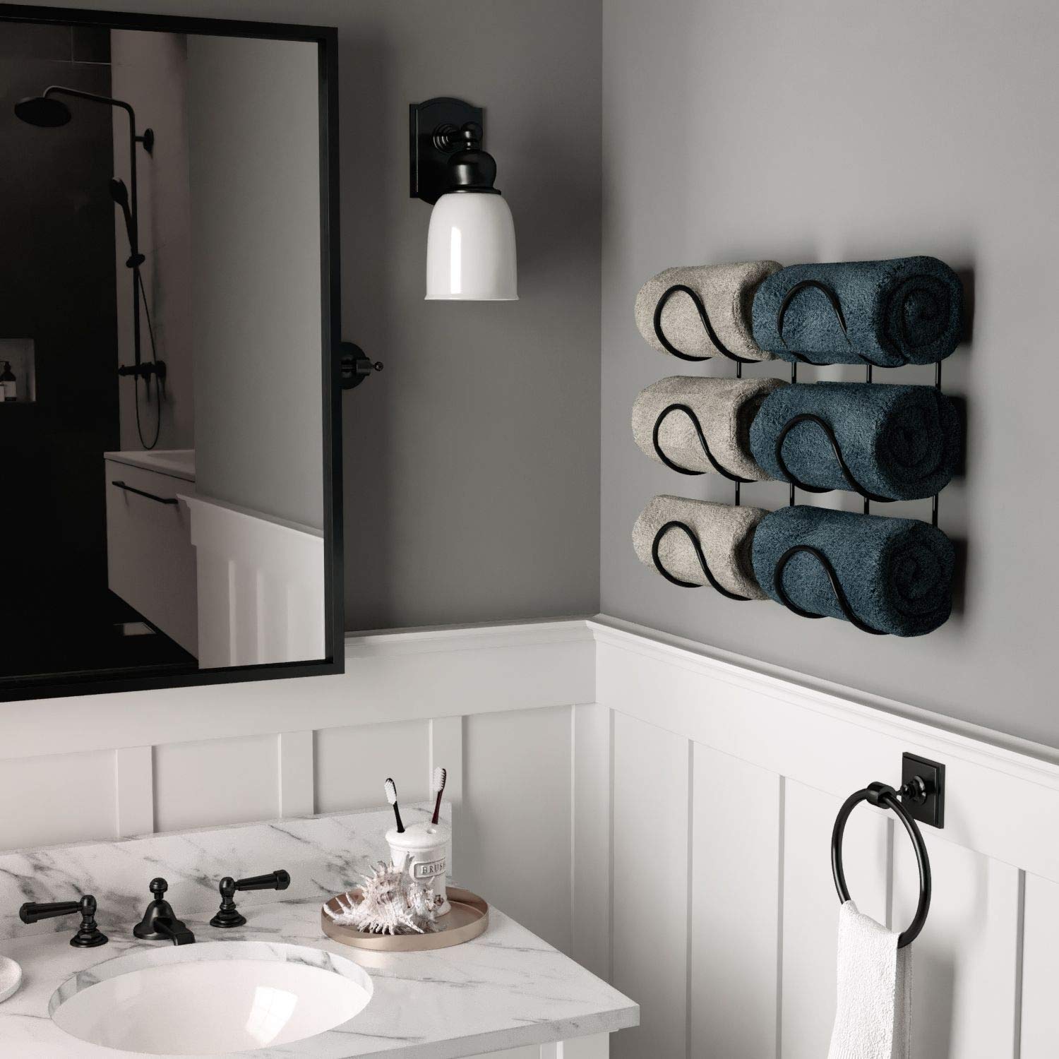 Premium Wrought Iron Metal Towel Rack - Heavy Duty Wall Mount Bathroom Storage Organizer - Holds Large Rolled Bath & Beach Towels (Black, Set of 2) - Perfect for Spa, Poolside & Luxury Bathroom Decor