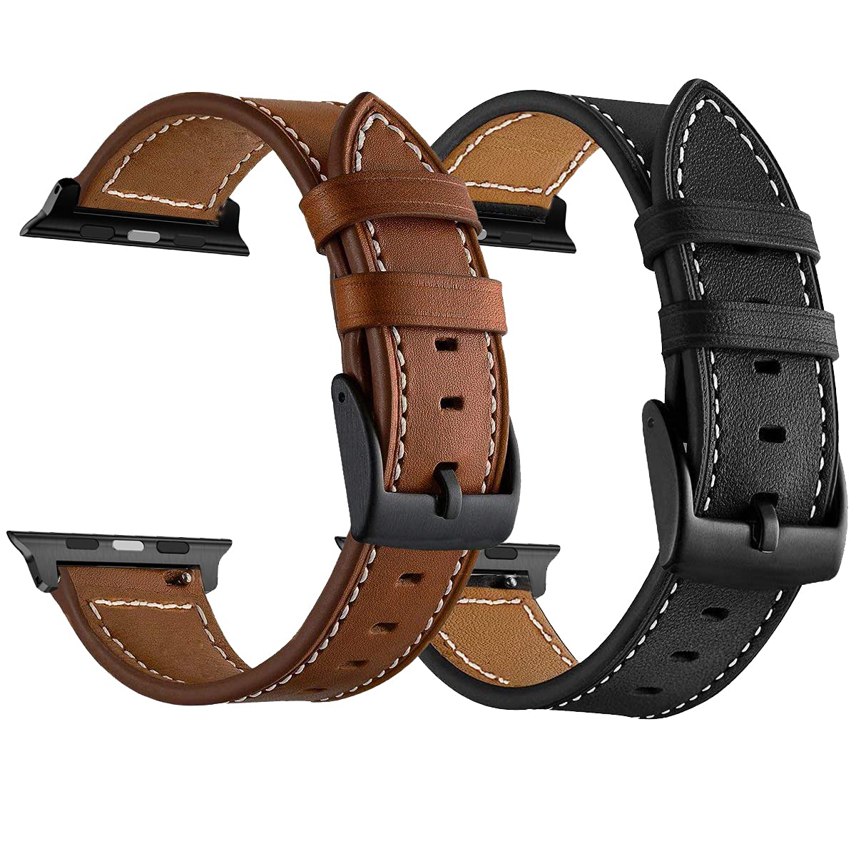Premium Leather Apple Watch Band - Compatible with Apple Watch Series 10 46mm, Ultra 2 49mm & Series 7/6 45mm - Brown & Black (2 Pack) - Perfect for Business, Casual & Outdoor Activities