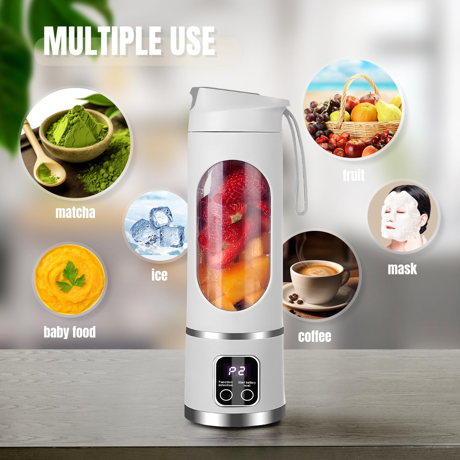 USB Rechargeable Portable Blender - 12-Blade Mini Ice Crusher with Digital Display, 3 Speed Modes, Easy-to-Clean 15.22oz Travel Cup | Perfect for Smoothies, Protein Shakes & Fresh Juice at Home, Gym, Office or Travel (White)
