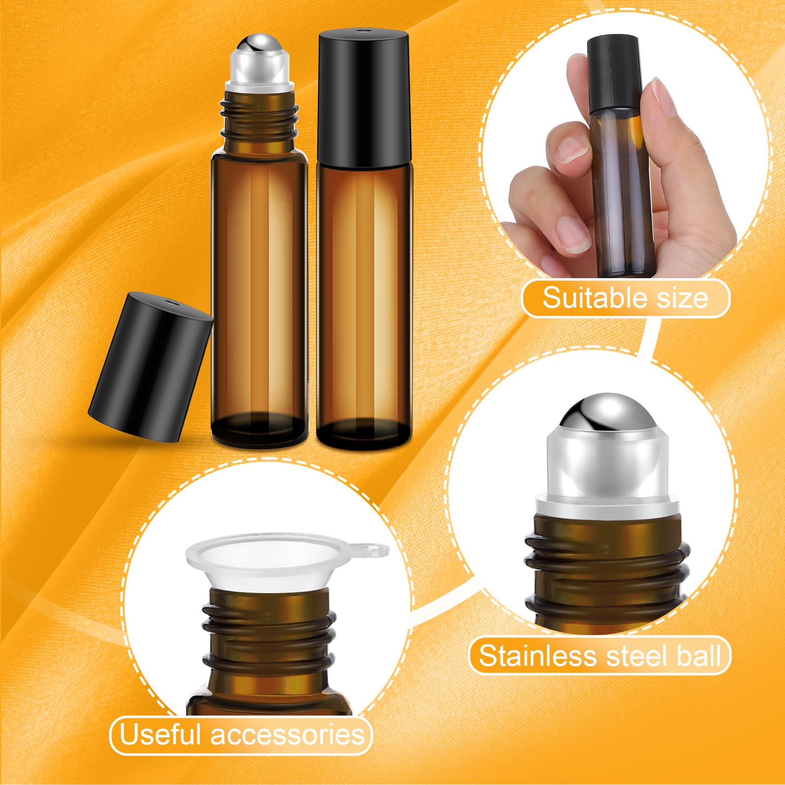 Sumind 250 Pcs 10ml Empty Essential Oil Roller Bottles with Stainless Steel Balls - Leakproof Glass Roll On Bottles with 5 Funnels for DIY Perfume, Aromatherapy & Travel - Perfect for Essential Oils, Massage Blends & On-The-Go Fragrance Application (Amber)