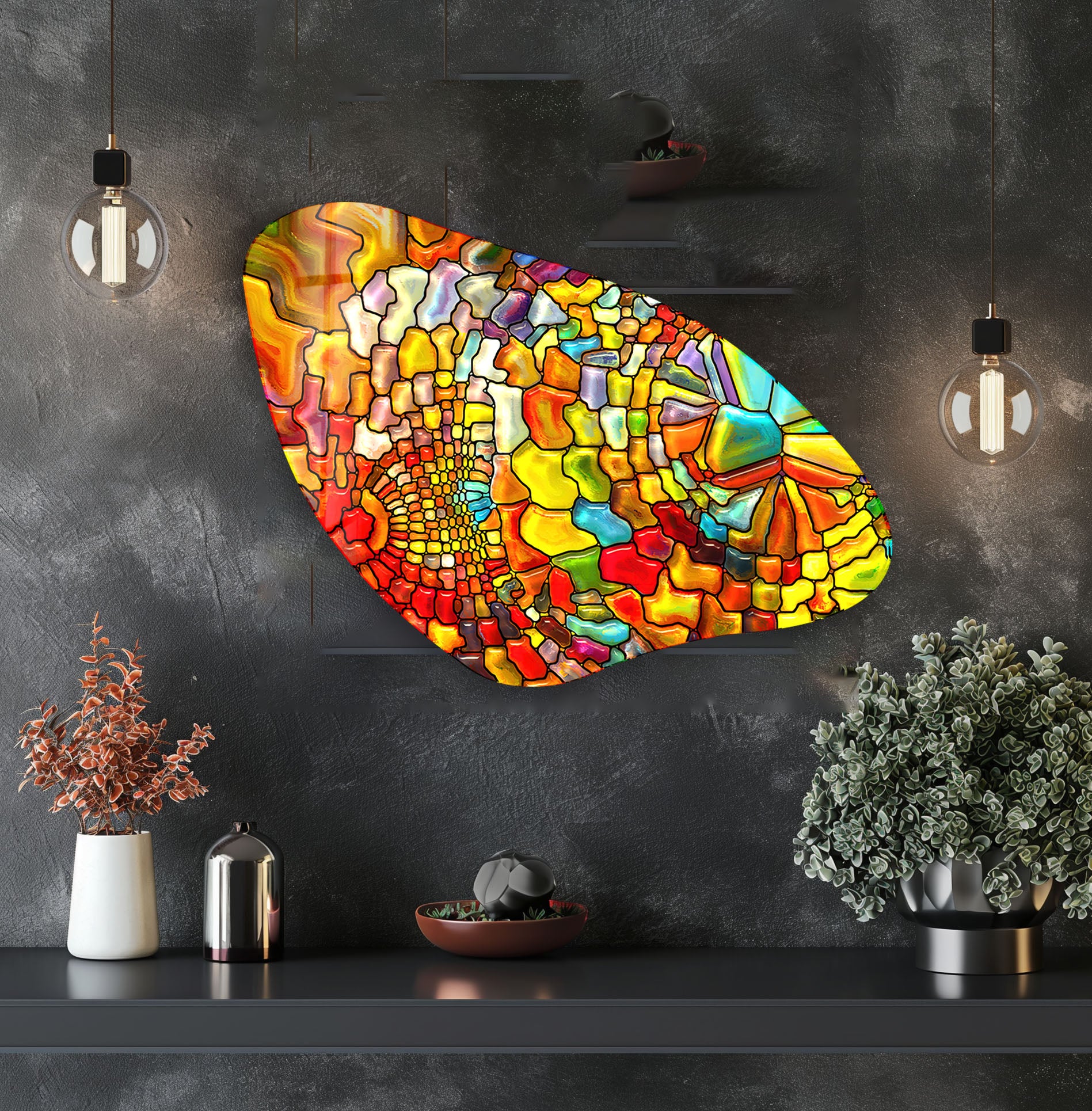 Handmade Aesthetic Orange Stained Irregular Glass Wall Art - Modern Abstract Home Decor for Living Room, Bedroom & Office