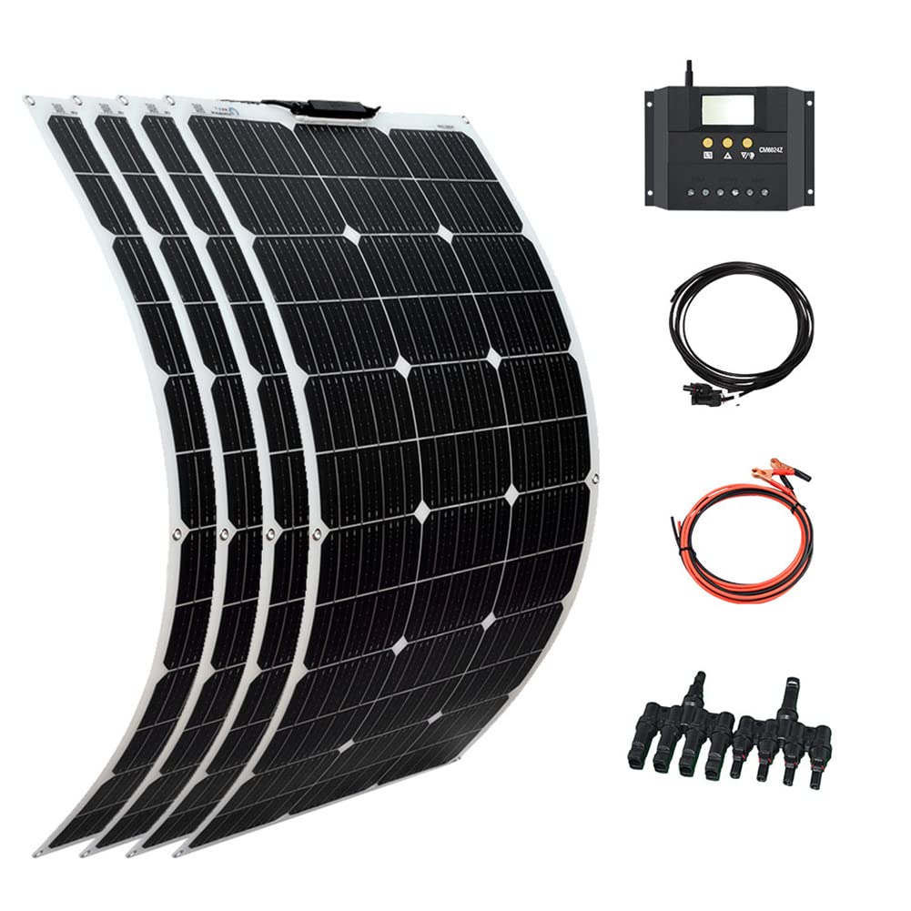 400W 18V Monocrystalline Flexible Solar Panel Kit - Portable Solar Charger for RV, Boat, Camper, Home, Van & Uneven Surfaces | Includes 4 Panels for Efficient Battery Charging & Maintenance | Perfect for Off-Grid Living, Camping & Emergency Power