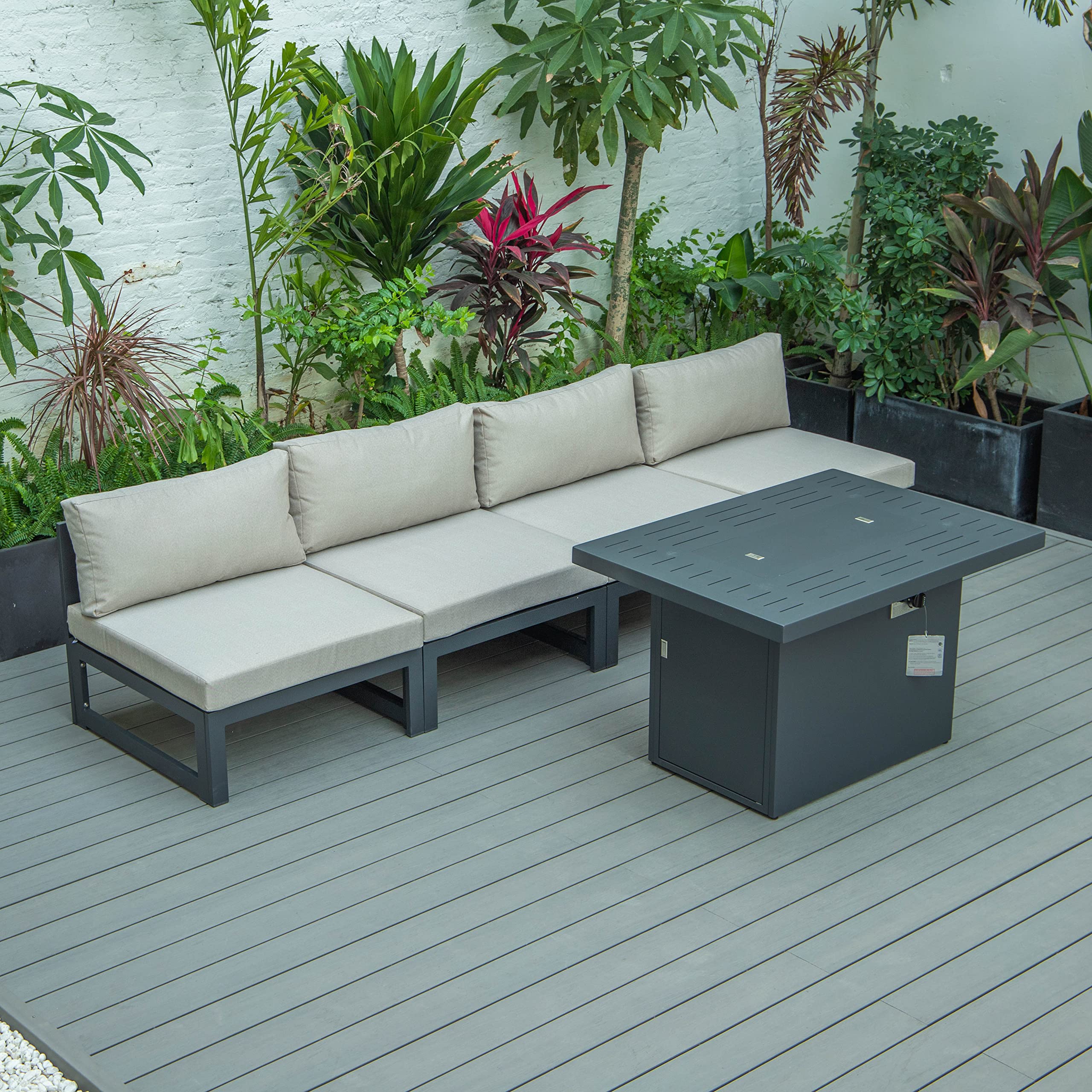 LeisureMod Chelsea 5-Piece Outdoor Patio Sectional Sofa Set with Fire Pit Table - Beige Waterproof Wicker Furniture for Backyard, Garden, and Poolside Relaxation
