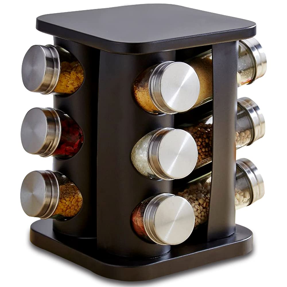 TINMIX 12-Jar Revolving Spice Rack Organizer - Stainless Steel Countertop Spice Tower with Refillable Glass Jars for Kitchen, Cabinet & Pantry Storage - Perfect for Cooking, Baking & Seasoning Organization (Black)