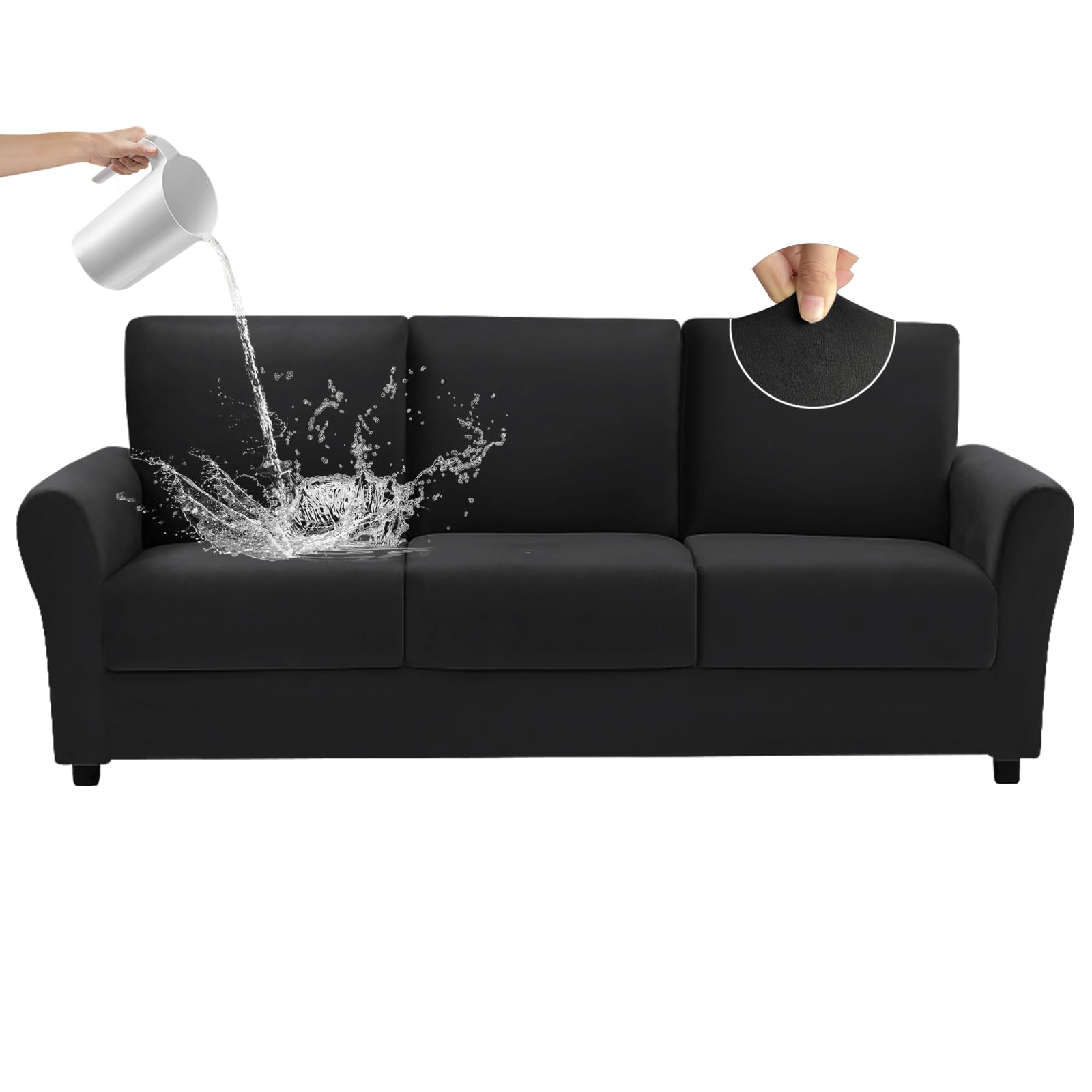 ROFASVCO 7-Piece Waterproof Sofa Slipcover Set - Stretchable, Washable Furniture Protector for 3-Cushion Couches (Black, Large) - Perfect for Pet Owners with Dogs & Cats, Living Room Protection