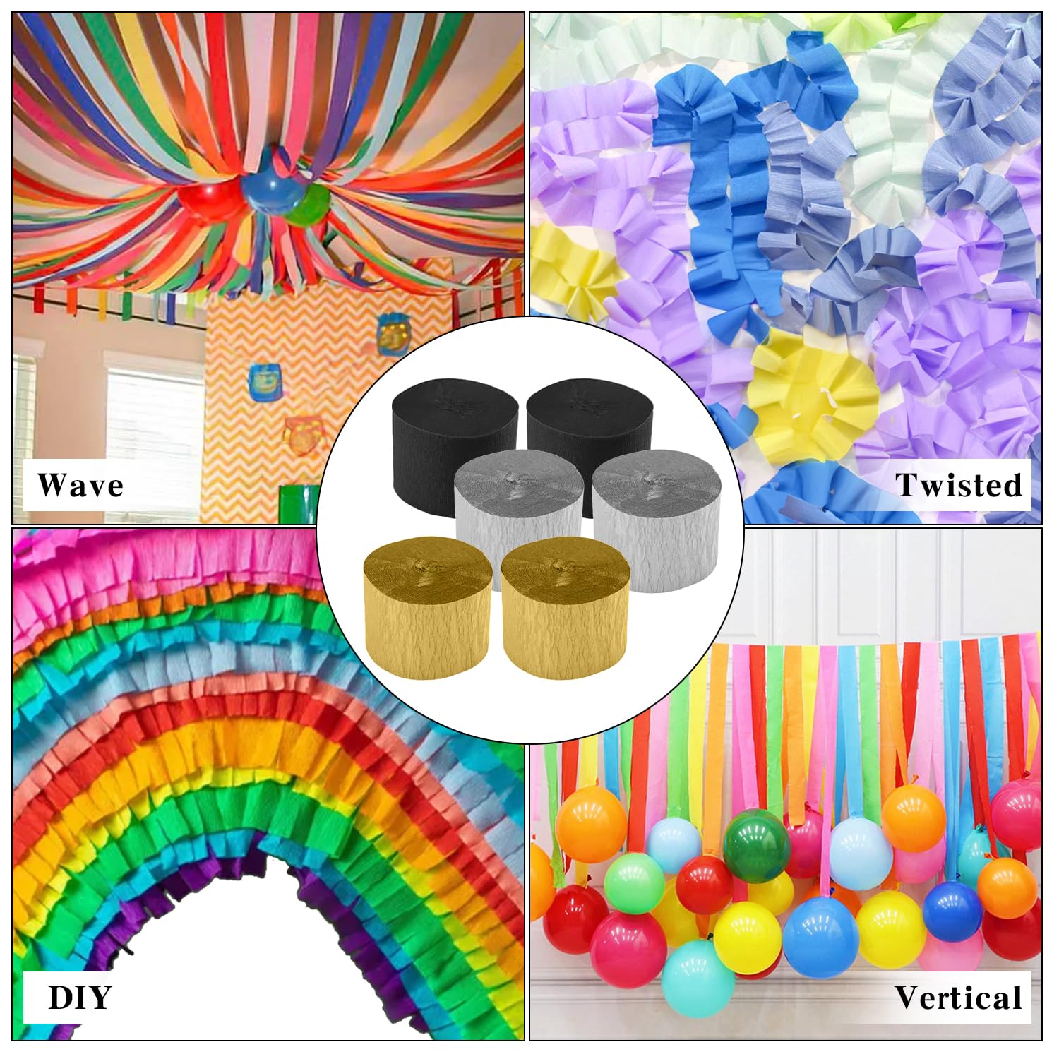 Premium Crepe Paper Streamers - 6 Rolls (492ft Total) in Black, Silver & Gold for Birthday, Wedding, Baby Shower Decorations | 2.37