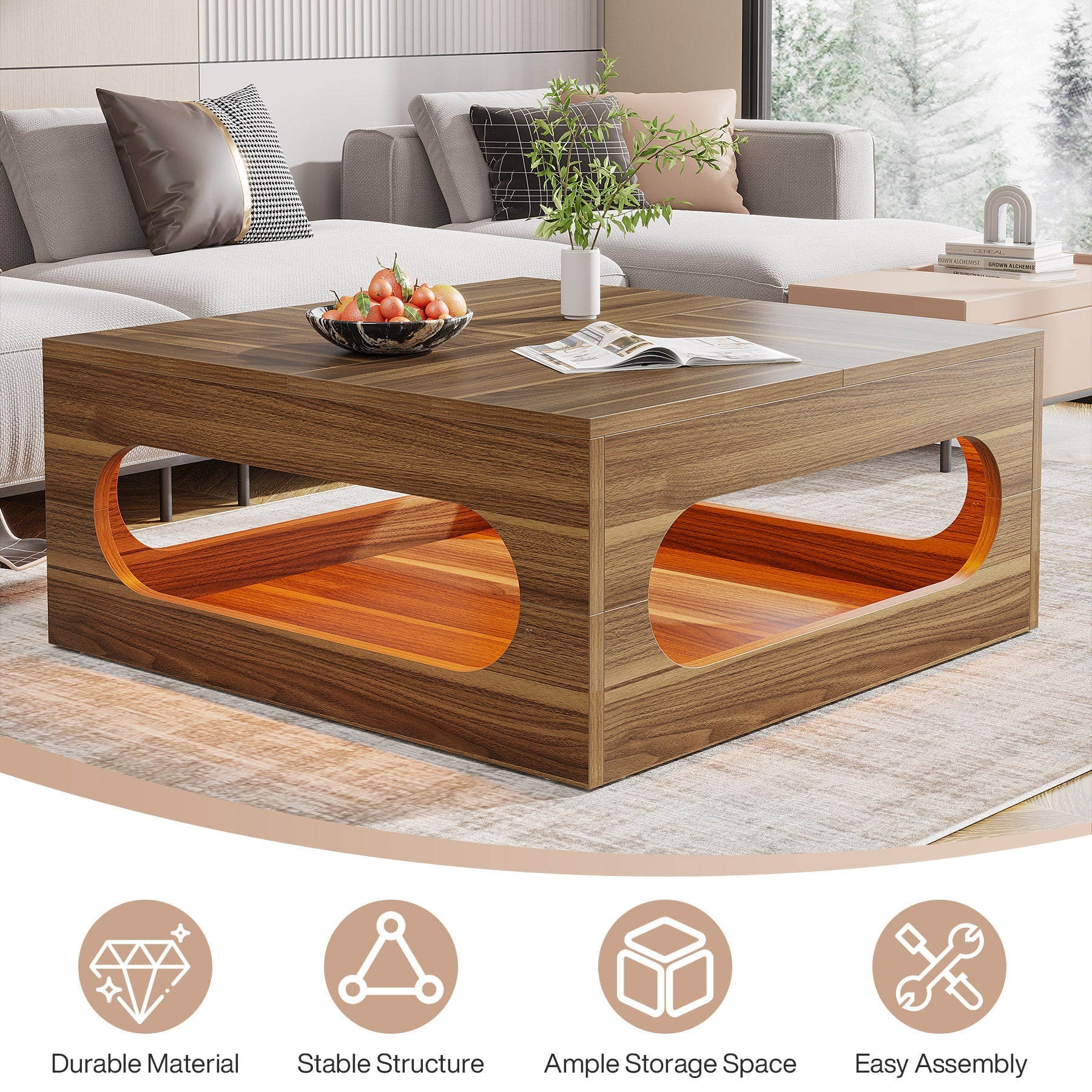 2-Tier Wooden Coffee Table with LED Strip Lights - Modern Square Center Tea Table for Living Room, Bedroom & Office Decor