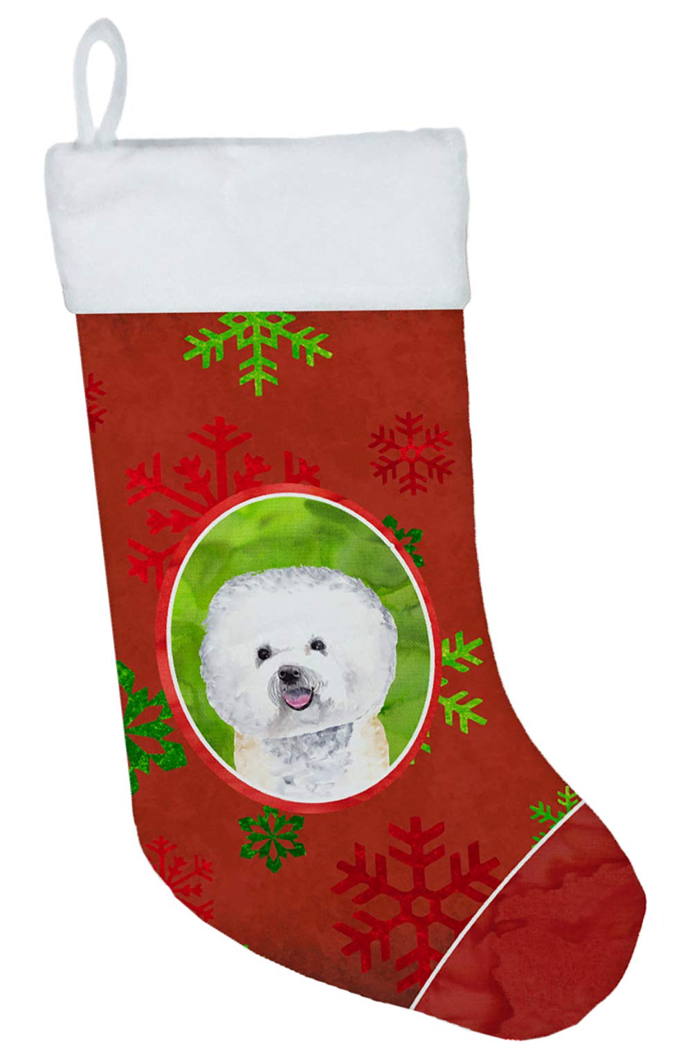 Bichon Frise Christmas Stocking - Red & Green Snowflakes Holiday Fireplace Hanging Decor | Perfect for Christmas Party, Family Gatherings & Festive Home Decoration