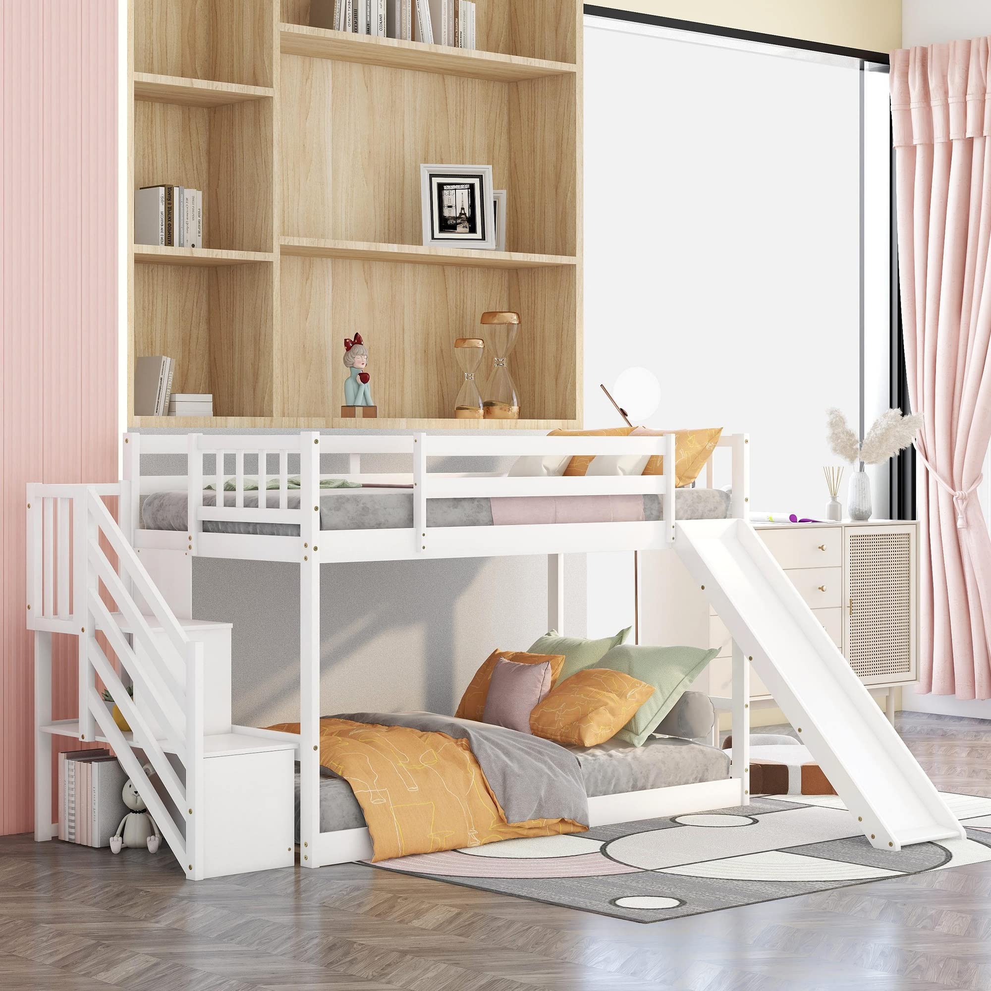 Harper & Bright Designs Twin Over Twin Low Profile Bunk Bed with Slide & Staircase - Solid Wood Kids Bunk Bed, No Box Spring Needed, White - Perfect for Small Rooms, Kids' Bedrooms & Sleepovers