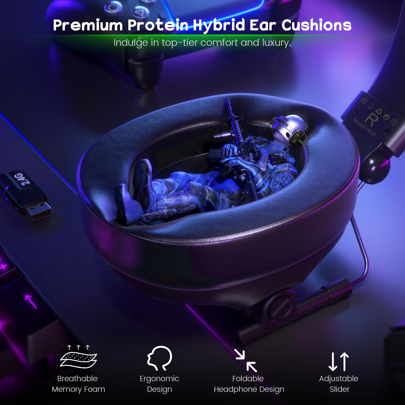 WG2 Wireless Gaming Headset with Microphone - 7.1 Surround Sound Bluetooth Headphones for PS5, PS4, PC, Nintendo Switch & Mac | 2.4GHz Lossless Audio, 50-Hour Battery Life & Cool LED Lights | Perfect for Competitive Gaming, Streaming & Online Chatting