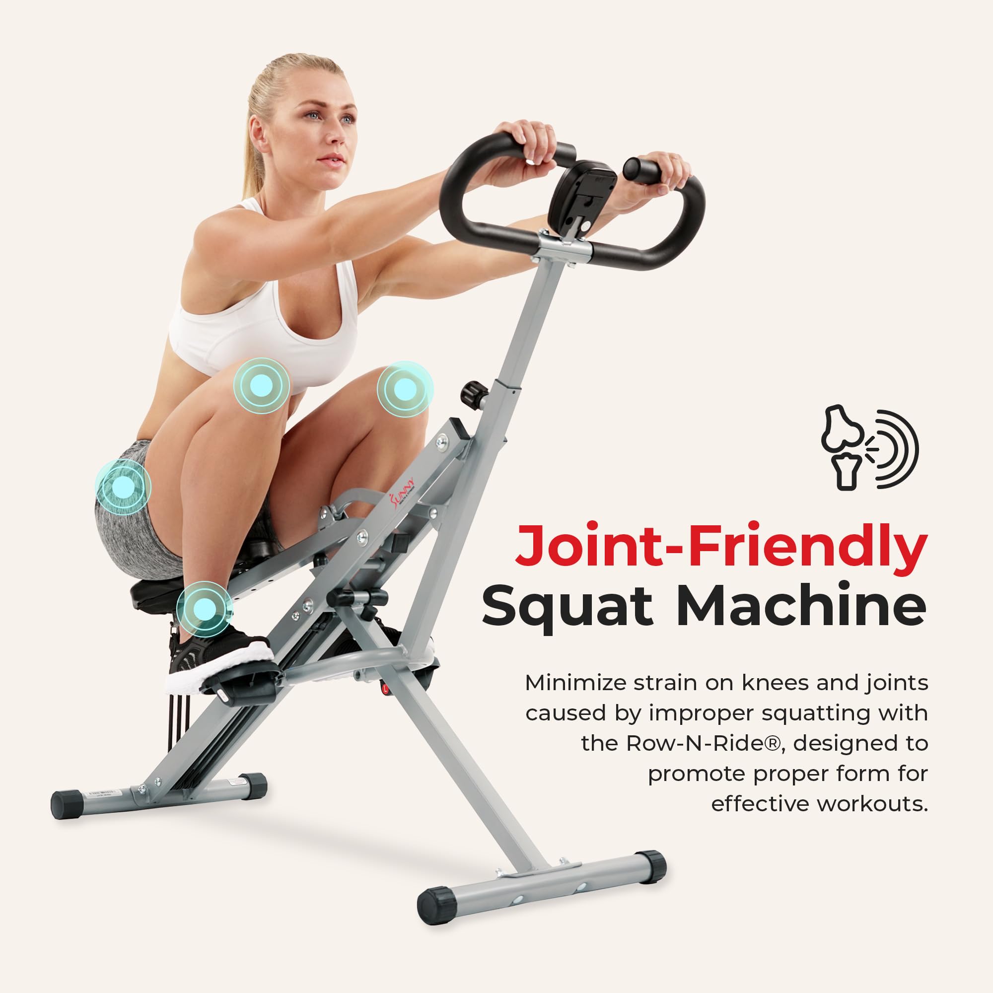 Sunny Health & Fitness Foldable Row-N-Ride Squat Trainer with Adjustable Resistance - Home Gym Equipment for Arms, Glutes & Legs Workout | Compact Exercise Machine for Small Spaces | Perfect for Home Fitness & Strength Training