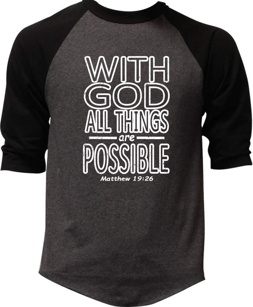 Men's 'With God All Things Are Possible' Christian Baseball Tee - Charcoal/Black Raglan Sleeve T-Shirt - Faith-Based Apparel for Church, Bible Study & Everyday Wear