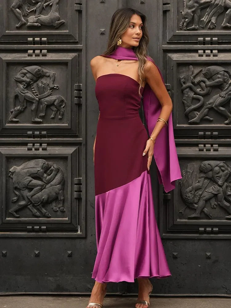2025 Fashionable Purple Shawl Collar Off-Shoulder Maxi Dress with Contrast Spliced Pleated Hem & Backless Design - Elegant Party Gown for Women | Perfect for Evening Galas, Weddings & Special Occasions
