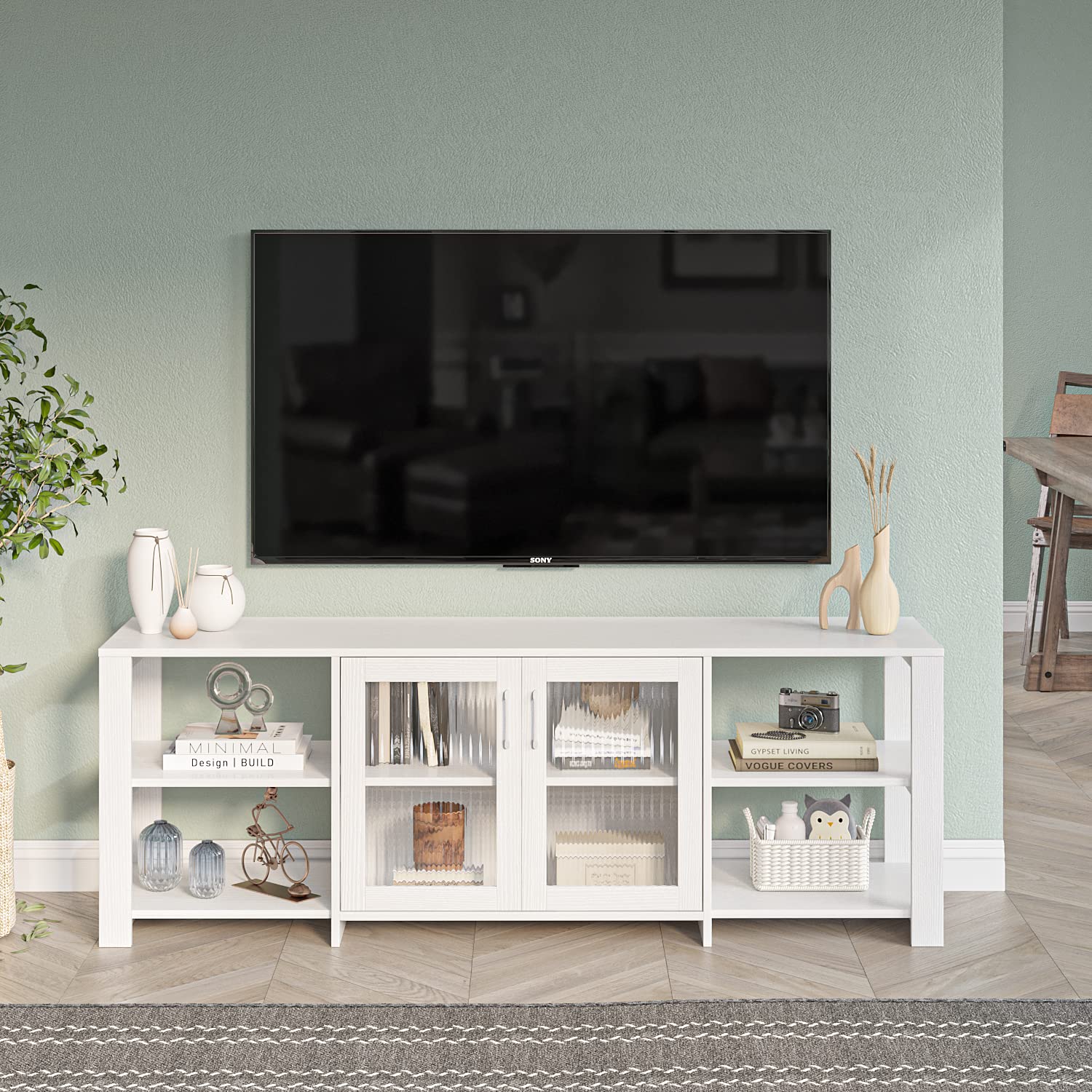 Panana 70 Inch TV Stand with 2 Doors & 4 Storage Cubby - Modern Entertainment Center TV Console for Living Room & Bedroom - Perfect for Organizing Media Devices & Home Decor (White) - Ideal for Small Spaces & Apartment Living
