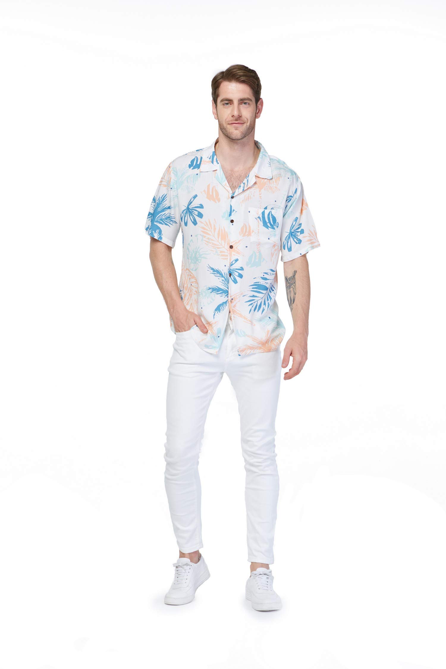 **Hawaiian Luau Shirts for Couples - Matching Sandy Beach White Aloha Shirt & Tank Top Set - Perfect for Beach Vacations, Summer Parties & Tropical Getaways**
