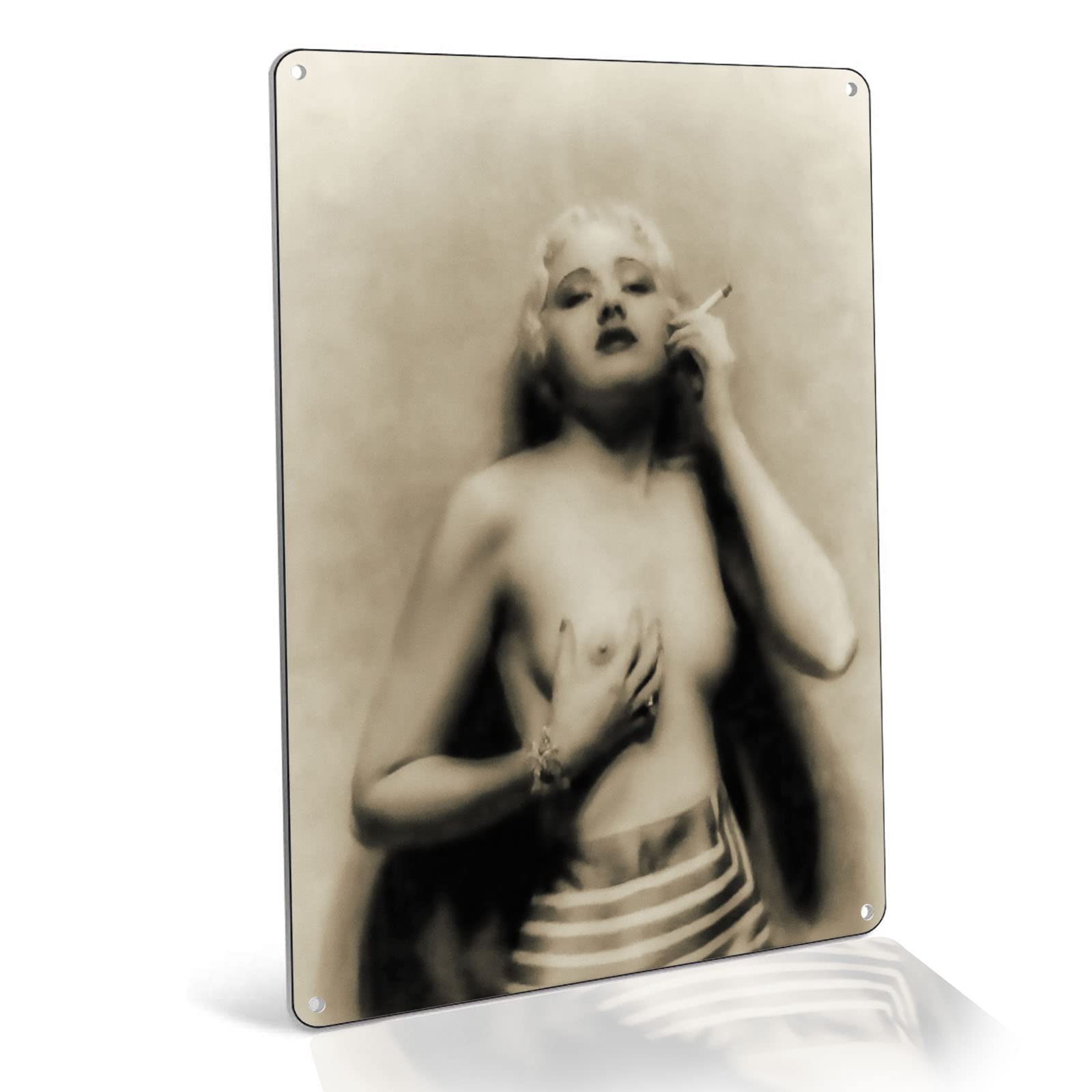 Vintage 1920s Nude Woman Smoking Photography Metal Wall Art - 8x12 Inch Retro Tin Sign for Home Decor, Bar & Man Cave - Black & White Vintage Nude Art Print