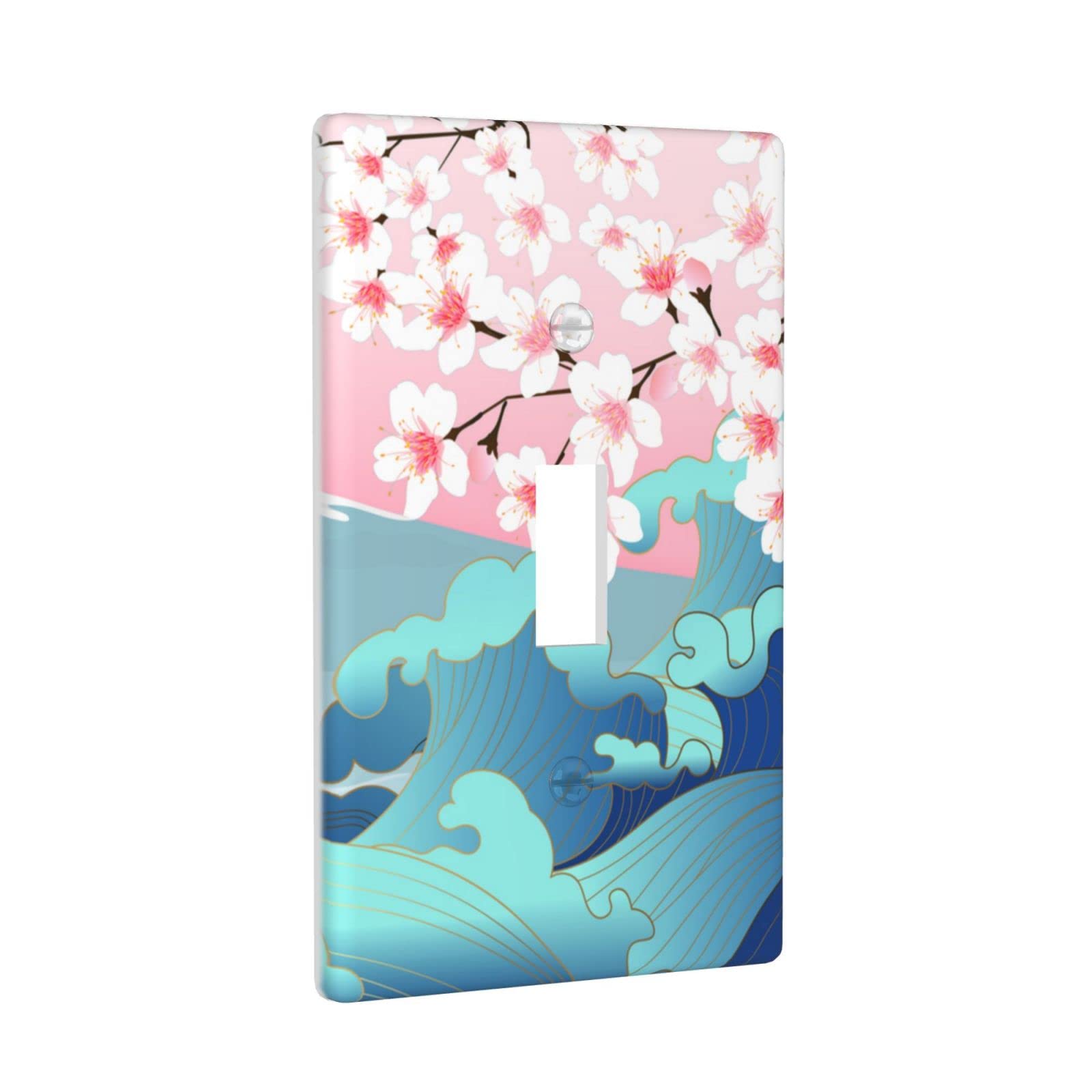 Japanese Wave Cherry Blossom Wall Plate Cover - Decorative Light Switch Plate for Bedroom, Kitchen & Home Decor - Perfect for Asian-Inspired Interior Design and Zen Home Decorating