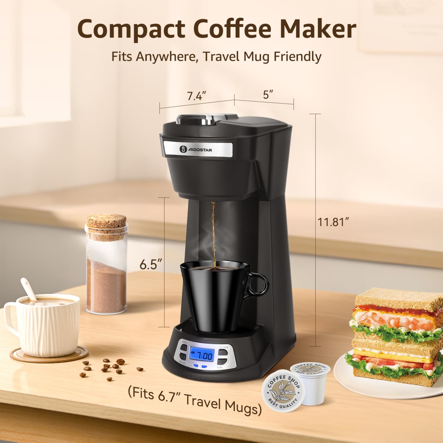 Aigostar Single Serve Coffee Maker for K-Cup & Ground Coffee - 24H Programmable Timer, 6-14 Oz Brew Size, Fast Brewing Capsule Machine with Self-Cleaning Function, Fits Travel Mugs - Perfect for Home, Office & Dorm Use