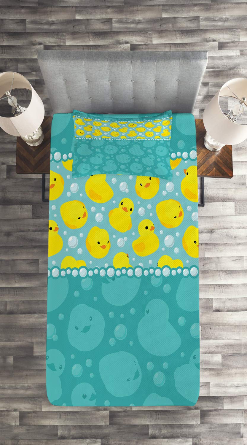 Ambesonne Rubber Duck Twin Size Bedspread Set - 2 Piece Quilted Coverlet with 1 Pillow Sham, Yellow Cartoon Duck Swimming Pattern with Bubbles in Aqua Teal Blue | Fun Kids Room Decor, Nursery Bedding, Bathroom Themed Bedroom Accessories