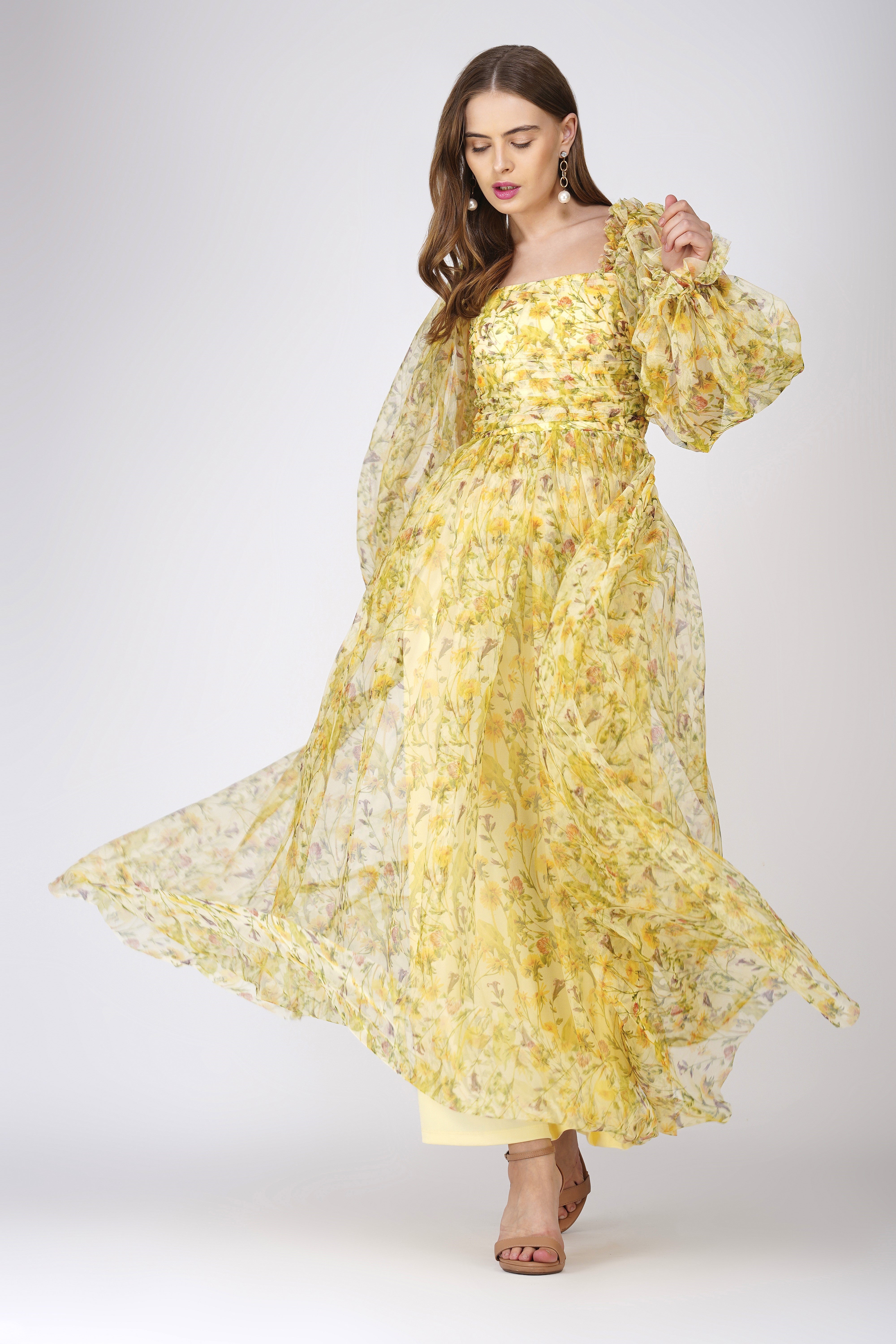 Lana Yellow Printed Tulle Maxi Dress - Flowy Summer Beach Dress for Women, Boho Chic Wedding Guest Outfit, Perfect for Vacations & Special Occasions