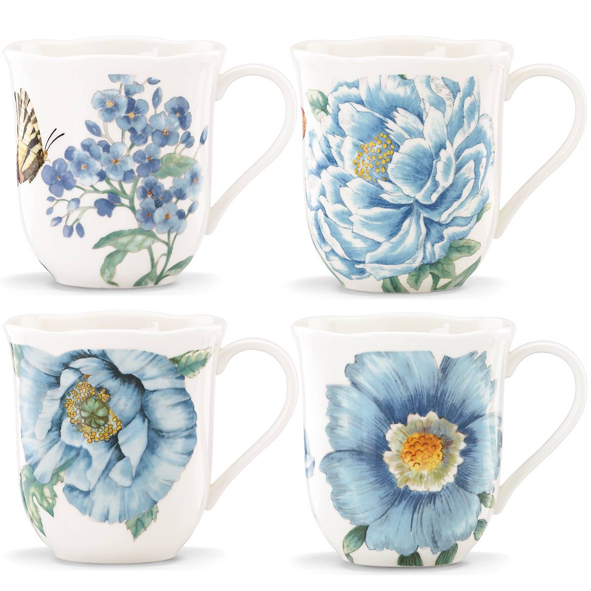 Butterfly Meadow Blue Coffee Mugs Set of 4 - Ceramic Tea Cups for Home, Office & Gifts - Perfect for Morning Coffee, Afternoon Tea & Hot Beverages