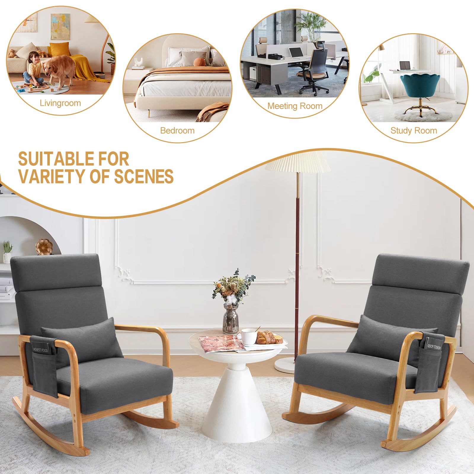 Comfortable Nursery Glider Rocking Chair with Pillow & Side Pocket - High Back Nursing Chair, Solid Wood Rocker Armchair for Bedroom & Living Room (Grey) - Perfect for Breastfeeding, Reading & Relaxing