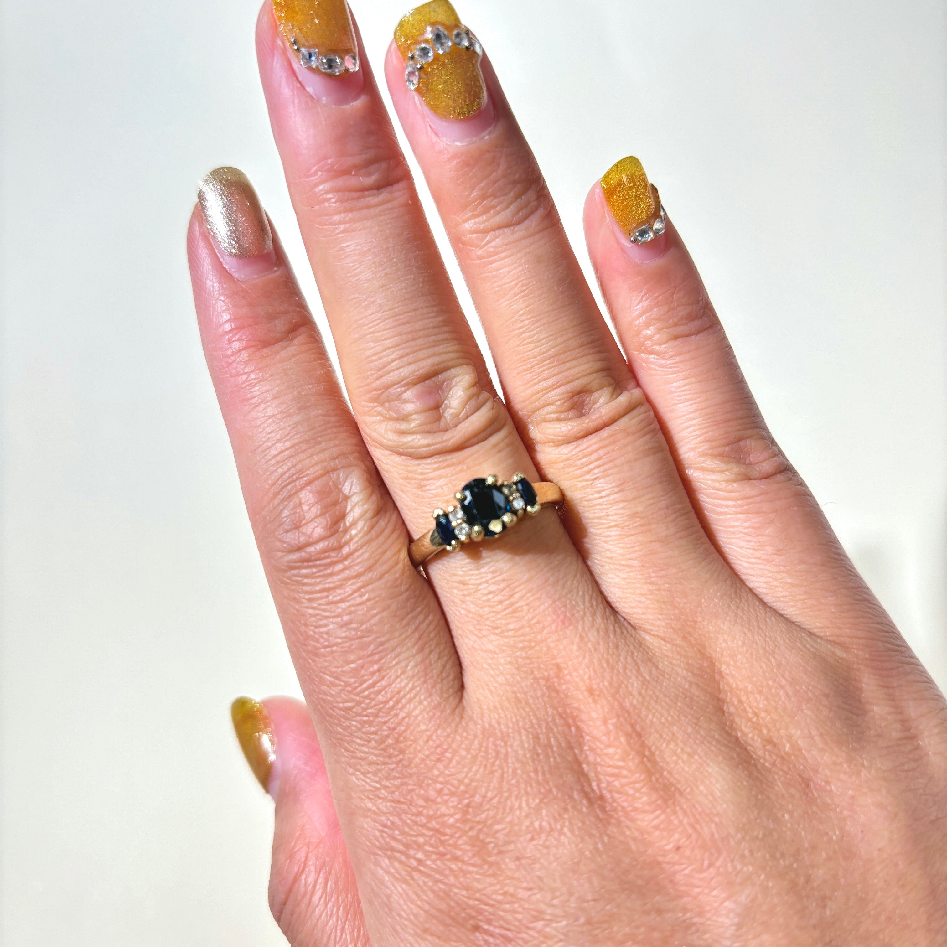 14K Gold Three Stone Sapphire and Diamond Ring - 1.14ctw Sapphire & 0.06ctw Diamonds - Size 8 - Elegant Engagement, Anniversary or Gift Jewelry for Women