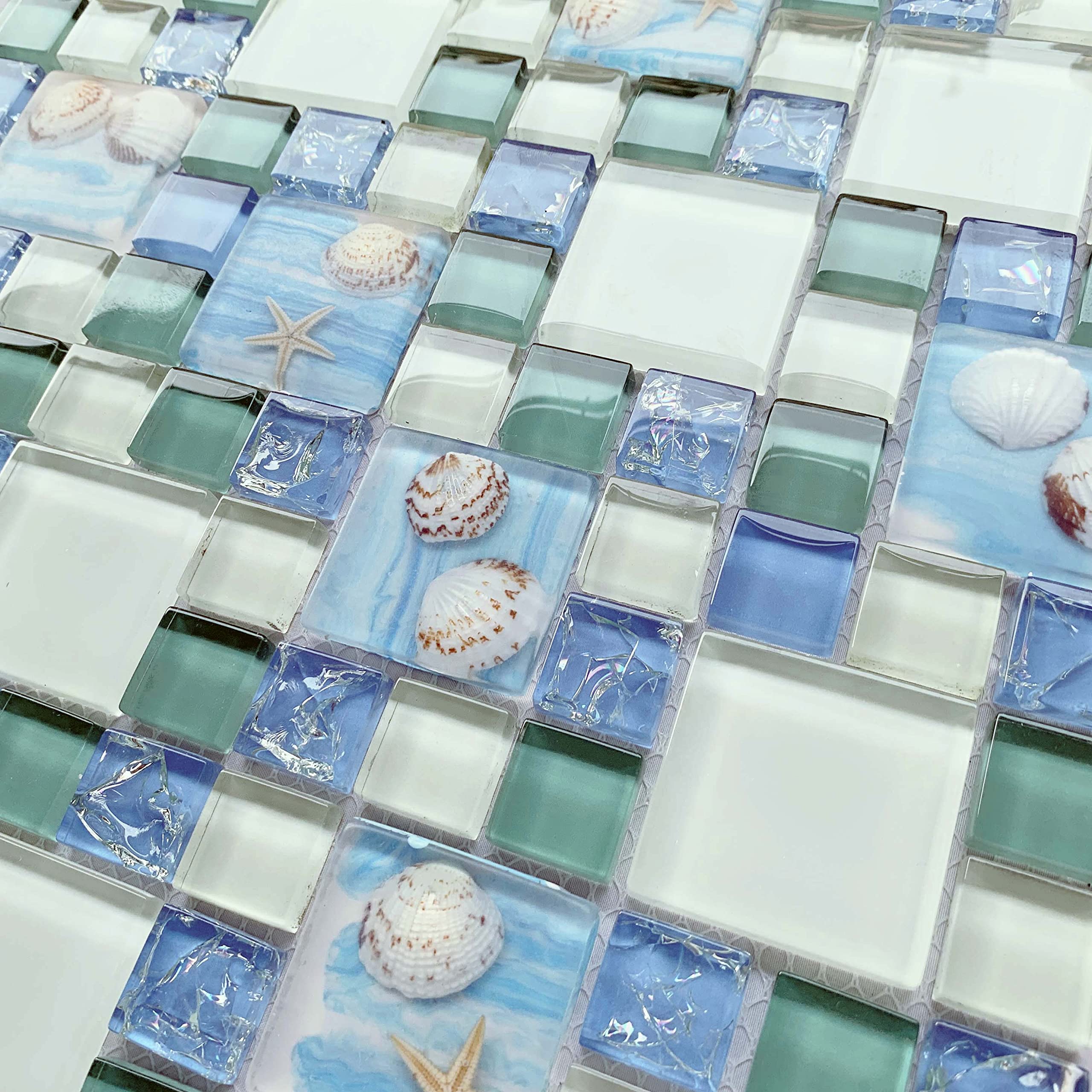 Glossy Glass Beachy Backsplash Tile - Ice Crack Blue Mosaic Resin with Shell & Starfish - Waterproof Bathroom Floor and Wall Tiles (5 Sq Ft) - Perfect for Coastal Style Bathrooms, Kitchen Backsplashes & Shower Walls