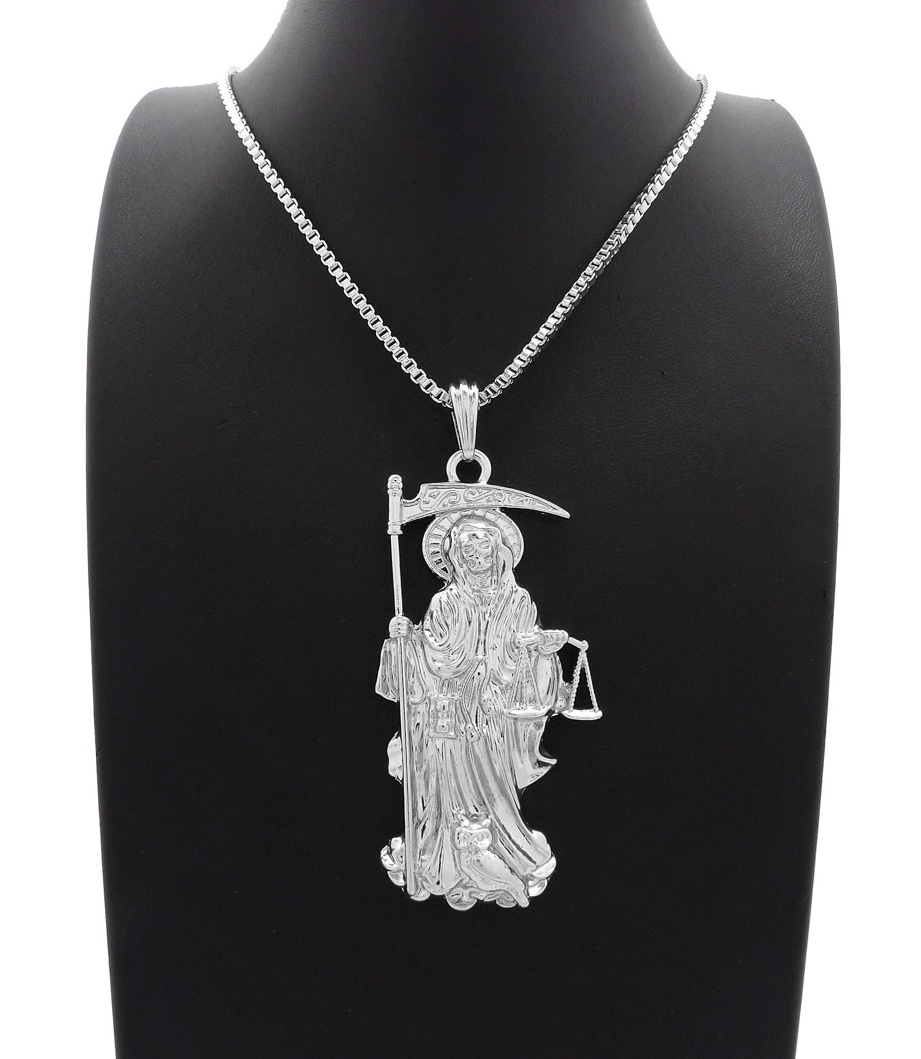 Santa Muerte Iced Silver Pendant with 18