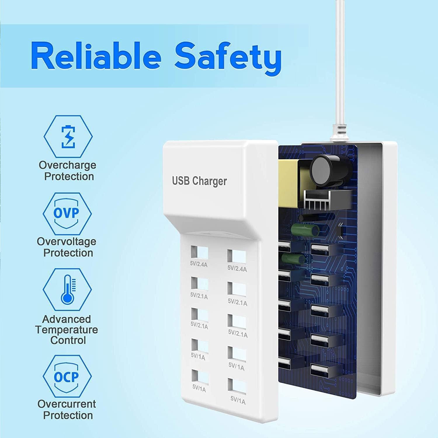 10-Port USB Charging Station 40W Desktop USB Hub - Fast Multi-Port Charger for iPhone, Samsung, Google Pixel, Huawei, LG, Tablets & More | Perfect for Home, Office, Travel & Family Use