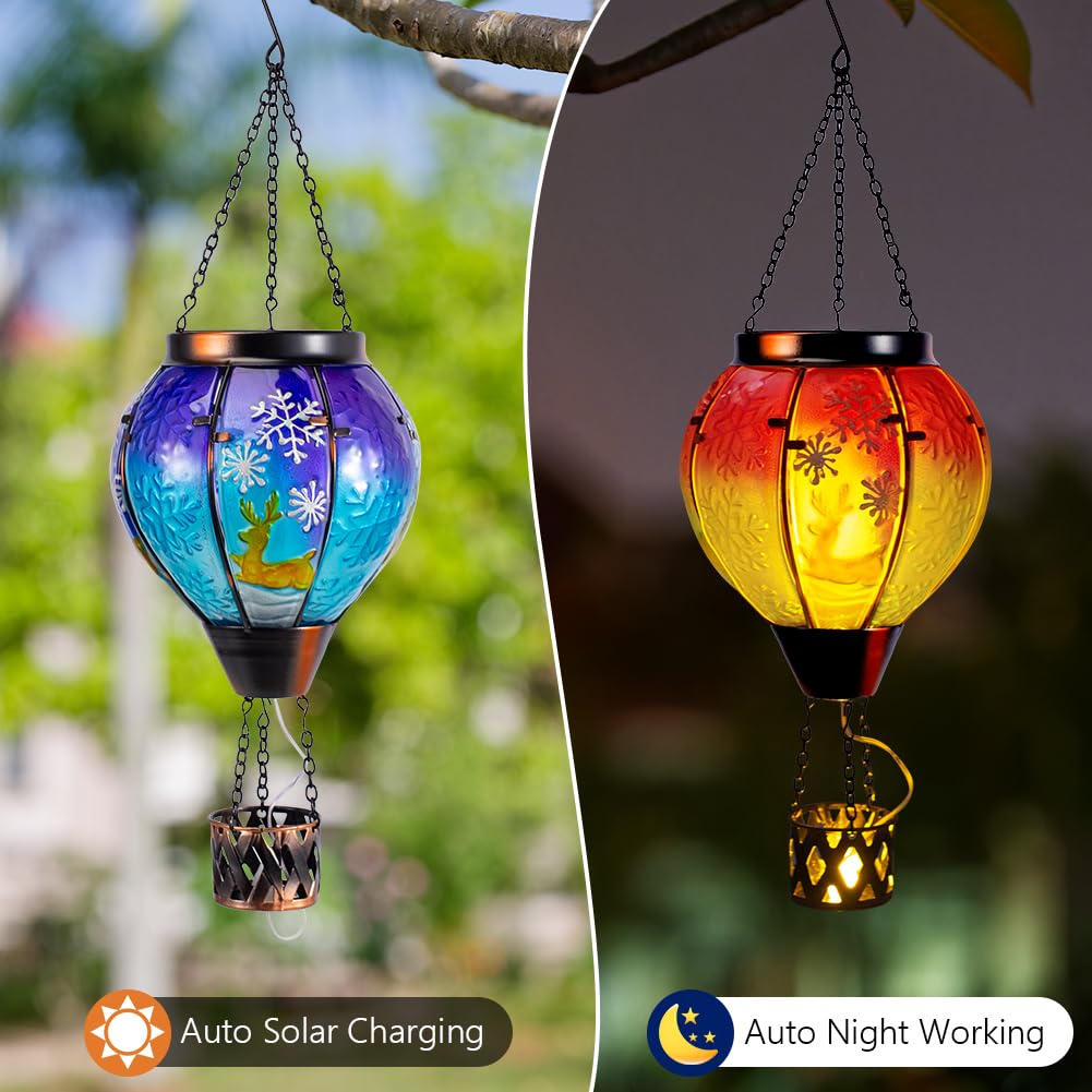 Solar Powered Hanging Lantern - Hot Air Balloon & Deer Design Outdoor Christmas Decor for Porch, Patio, Garden - Weatherproof LED Solar Light for Holiday & Party Decoration