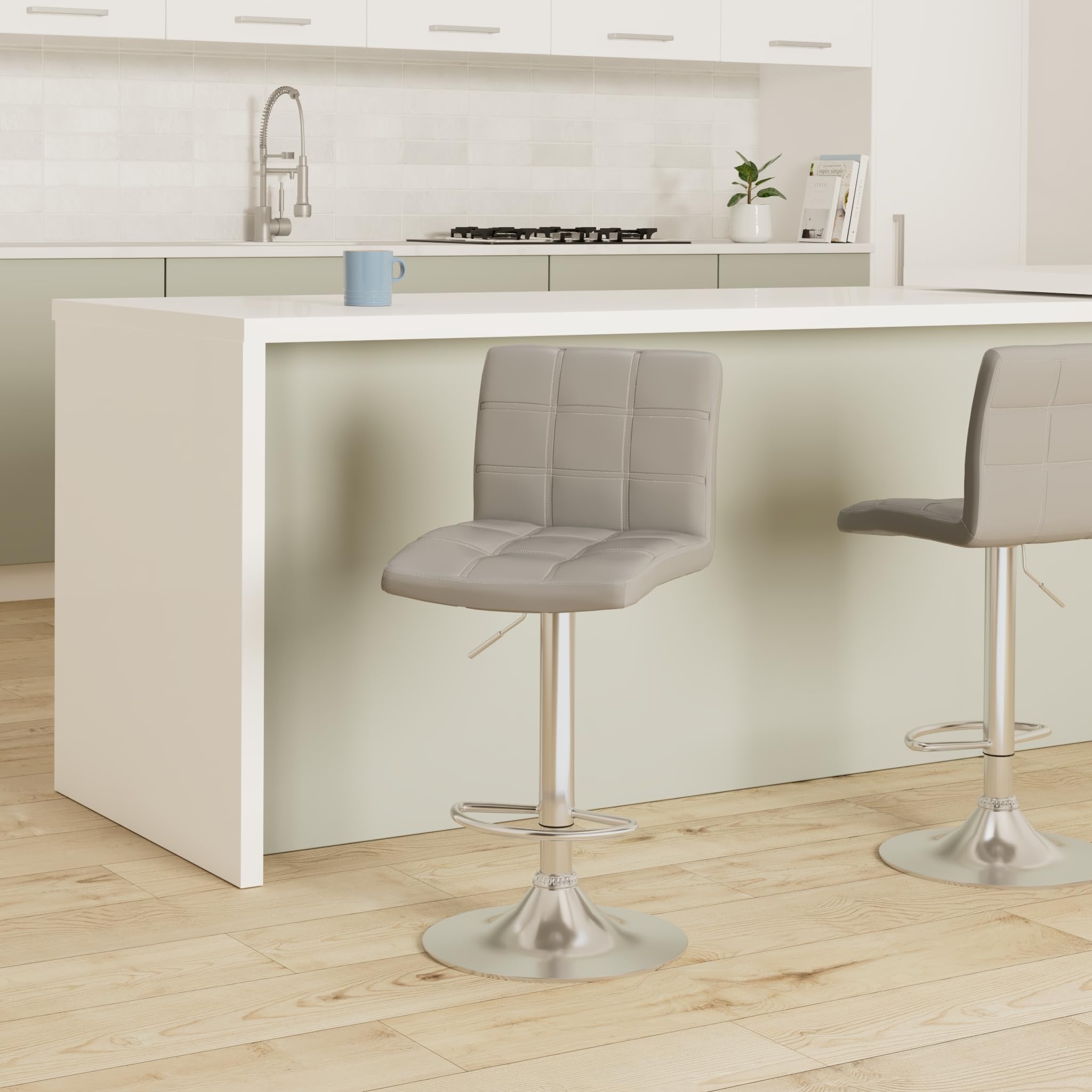 Leader Modern Square Back Bar Stools - Set of 2 Adjustable Swivel Bar Chairs with Back Support in Light Grey - Perfect for Kitchen Islands, Home Bars & Breakfast Nooks