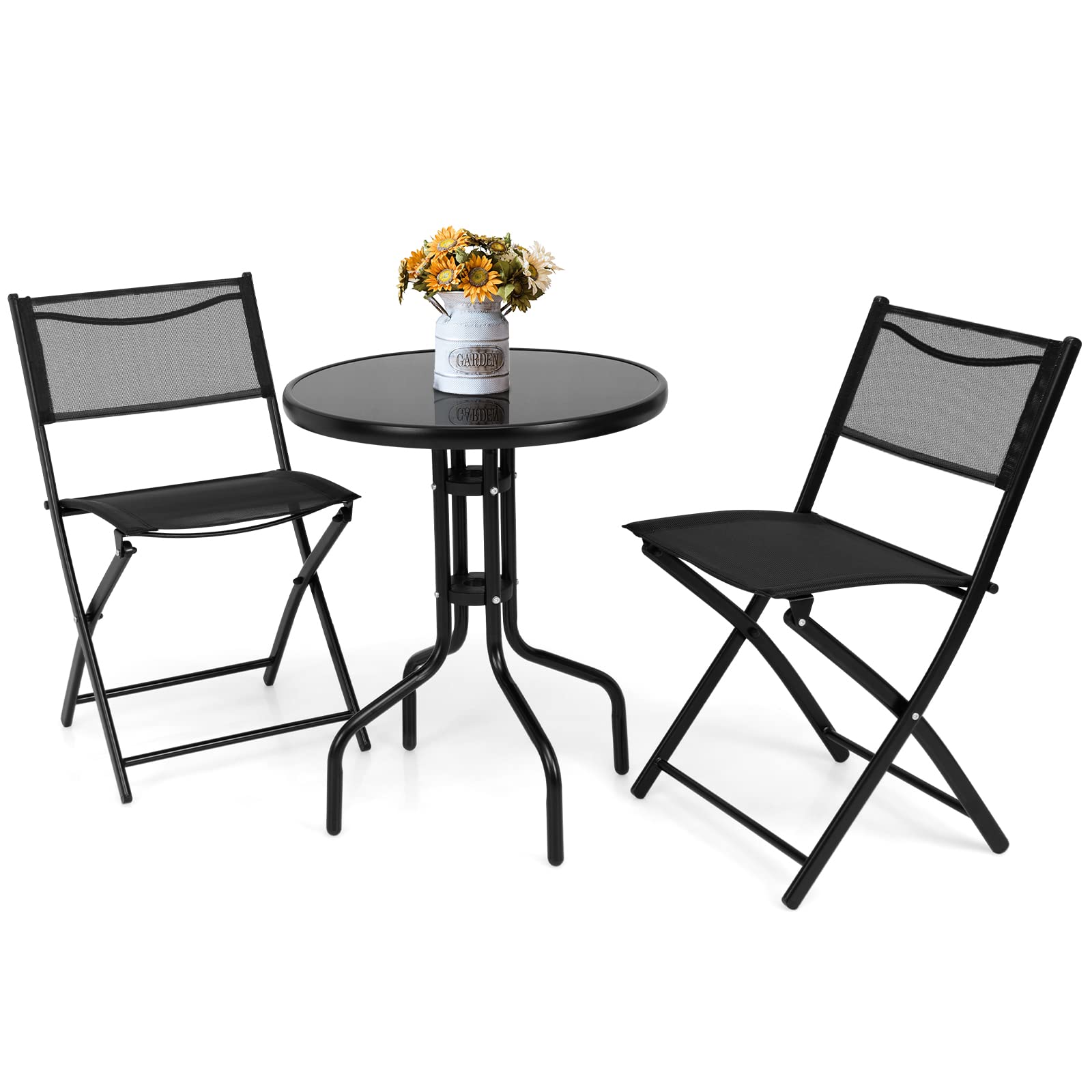 HappyGrill 3-Piece Bistro Set - Round Coffee Table & 2 Folding Chairs for Outdoor Dining - Perfect for Balcony, Garden, Backyard, Patio & Small Spaces