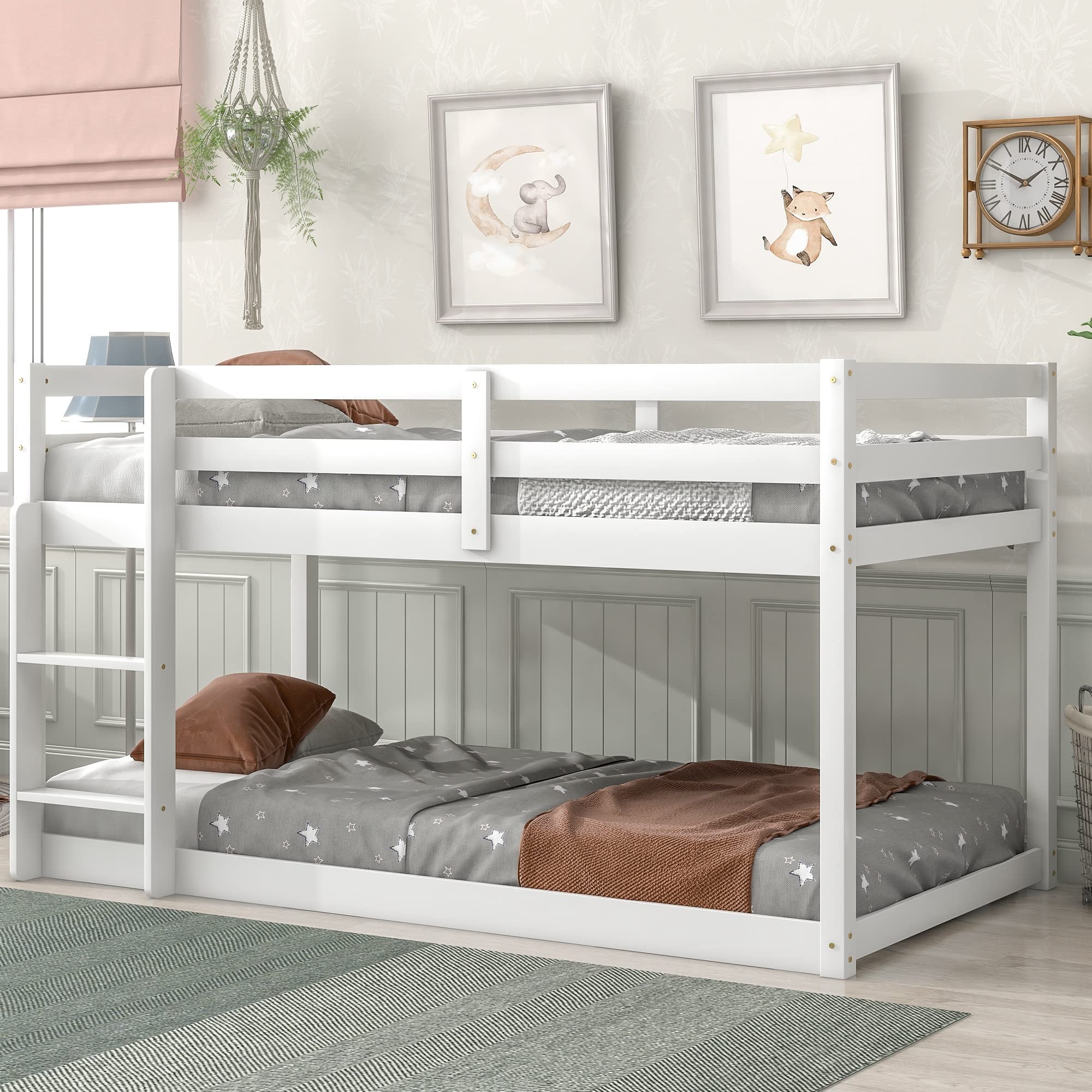 Solid Wood Twin Over Twin Floor Bunk Bed with Ladder & Safety Rails - Sturdy Wooden Bunk Beds for Teens/Adults - Low Profile Bed Frame, No Box Spring Needed - White - Perfect for Kids' Bedrooms, Guest Rooms & Space-Saving Small Apartments
