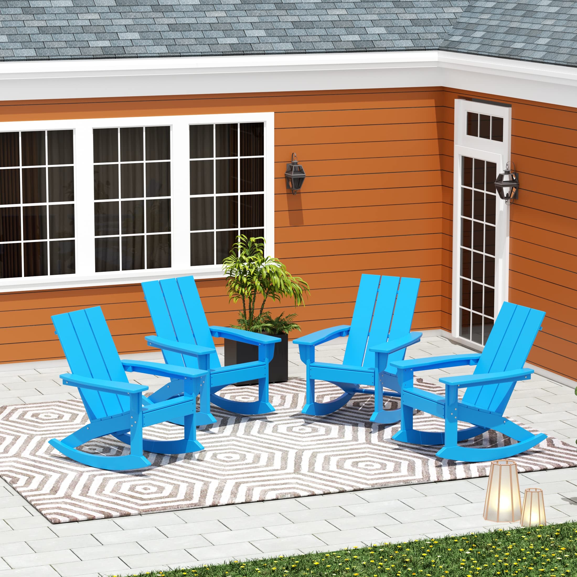 WO Home Furniture 4-Piece Patio Rocking Chair Set - Modern Outdoor HDPE UV-Resistant Rocking Chairs in Pacific Blue - Perfect for Backyard, Garden, Poolside & Porch Relaxation