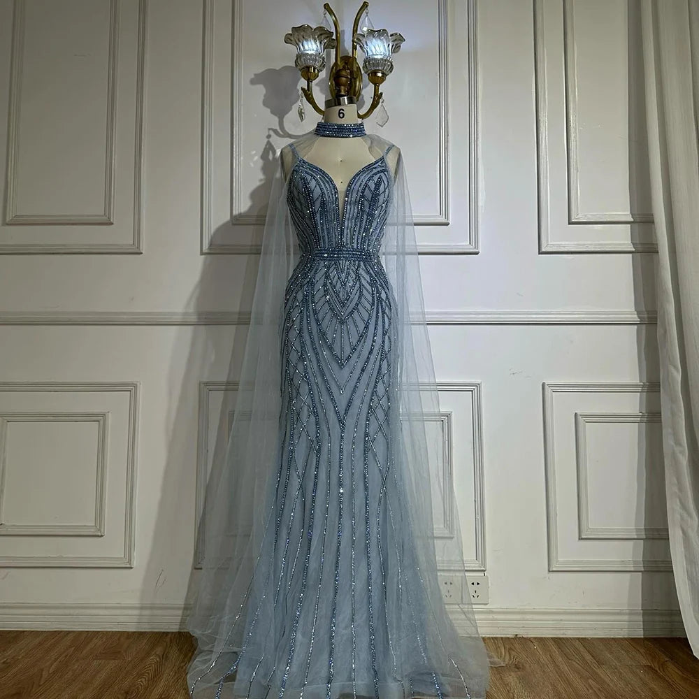 Luxury Dubai Saudi Caramel Mermaid Arabic Evening Dresses with Beaded Cape Sleeves - Formal Gowns for Weddings, Galas & Special Occasions LA72852