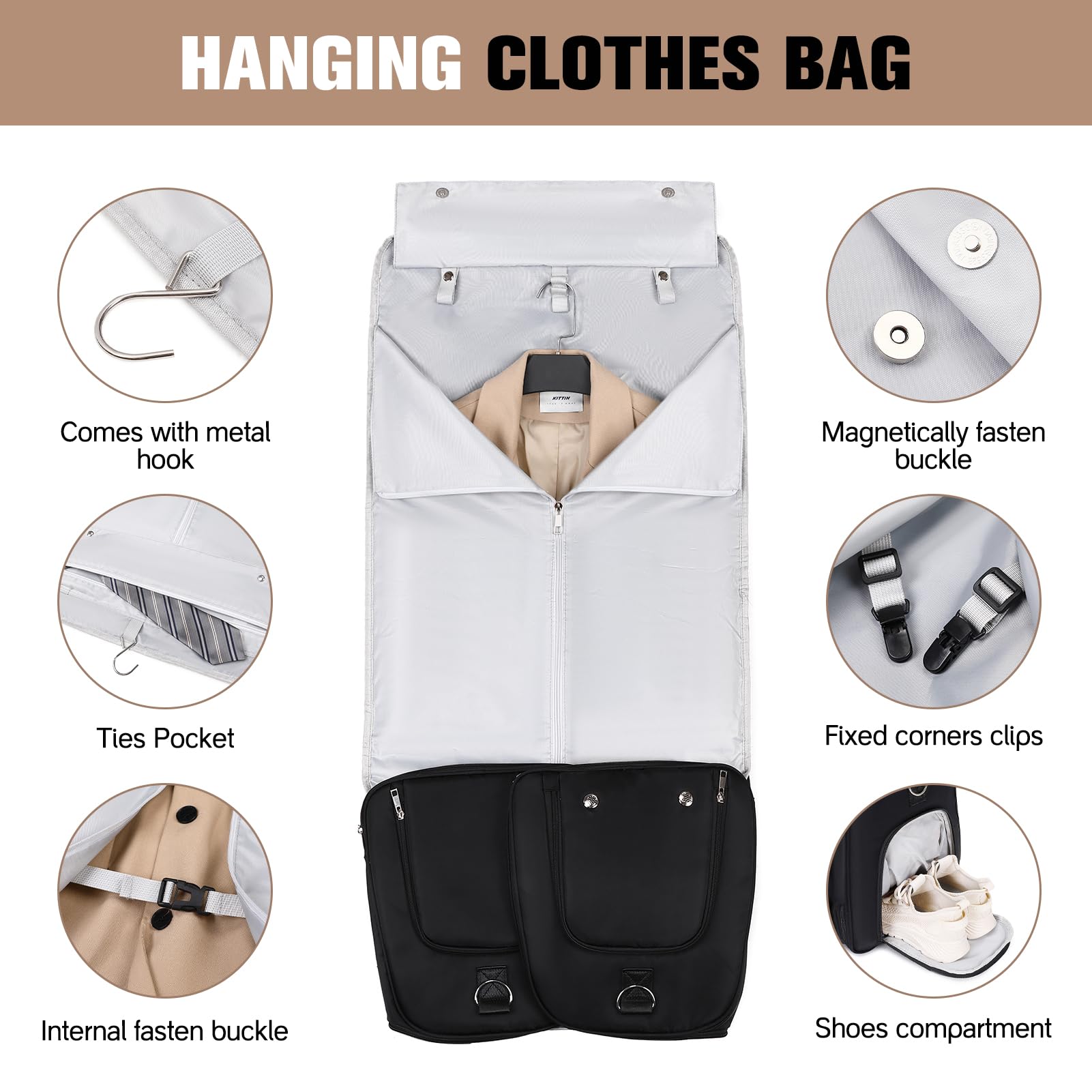 2-in-1 Convertible Travel Garment Bag with Shoe Compartment & Toiletry Bag - Foldable Carry On Duffle Backpack for Suits & Dresses - Hanging Clothes Organizer for Men & Women (Black) | Perfect for Business Trips, Weddings & Vacation Packing