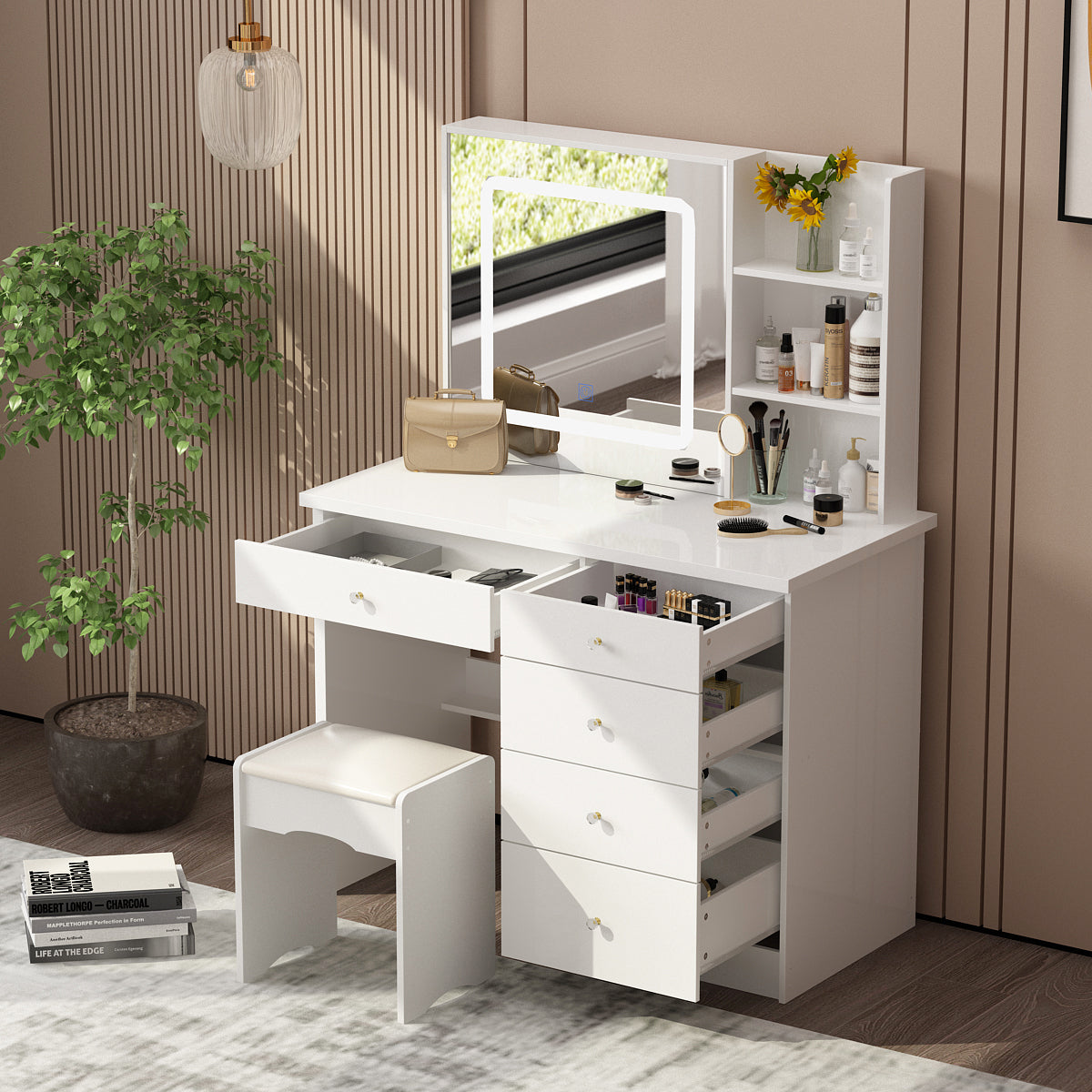 Professional Makeup Vanity Set with LED Sliding Mirror, Soft Cushioned Stool, 5 Storage Drawers & Shelves - Perfect for Beauty Room, Bedroom Dressing Table & Home Salon Setup