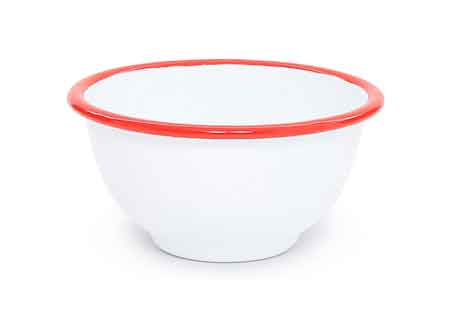 Vintage Enamel Bowls Set of 4 - Small White & Red Retro Kitchenware for Camping, Picnics & Rustic Home Decor