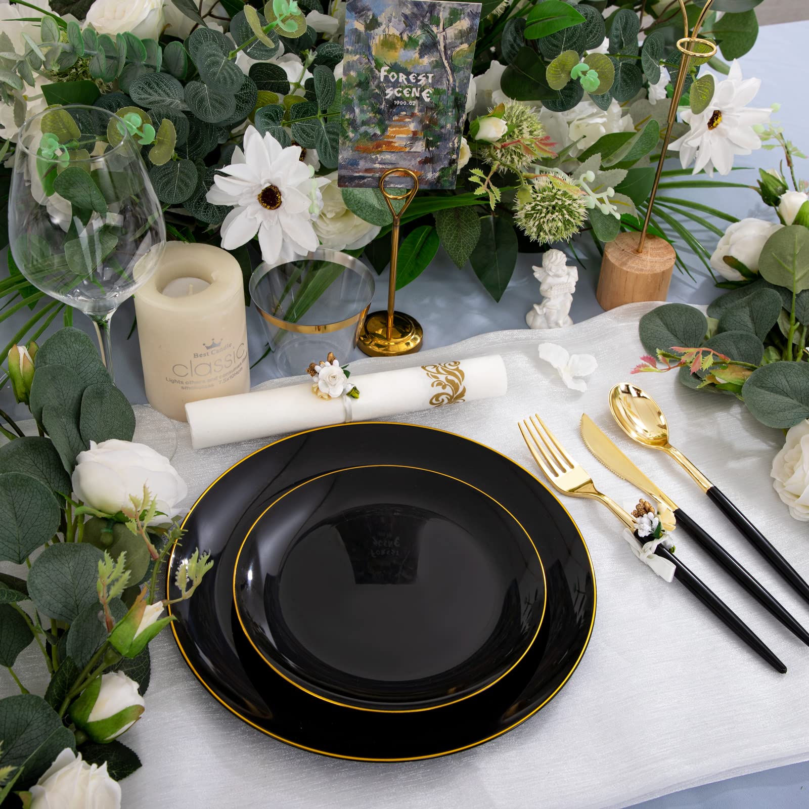 LIYH 210-Piece Black & Gold Plastic Dinnerware Set - Disposable Plates, Silverware, Cups & Napkins for Parties, Weddings, New Year's Eve & Special Events - Elegant Black Dinner Plates with Gold Cutlery for Formal Dining & Catering