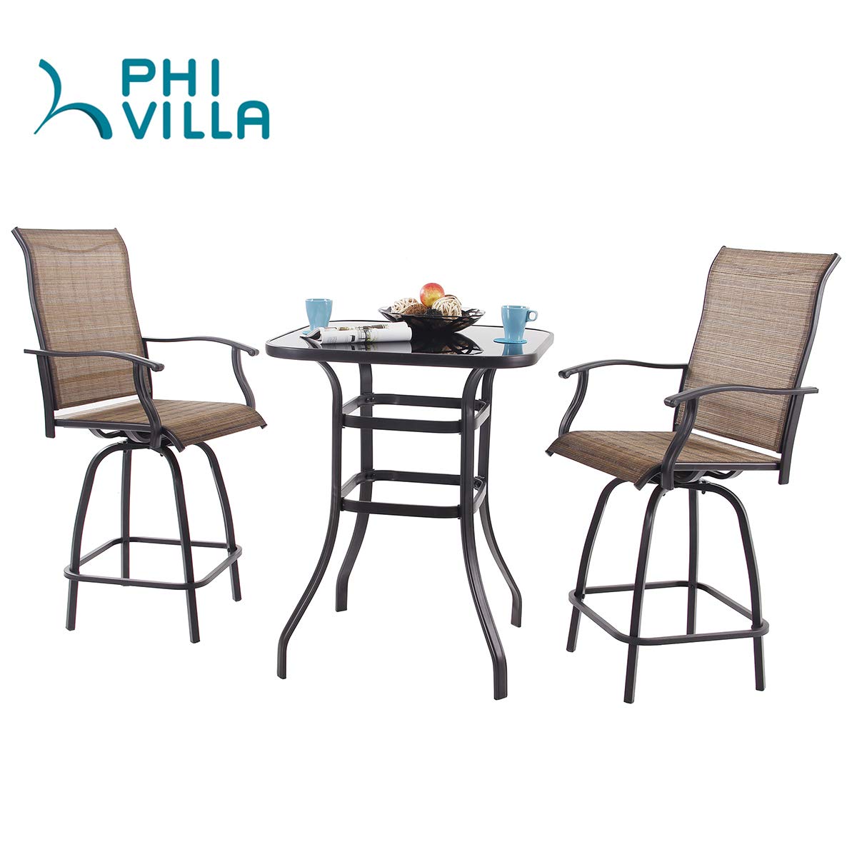 PHI VILLA 36 Inch Bar Height Bistro Table - Outdoor Patio Pub Table with Tempered Glass Top - Perfect for Backyard, Deck, Poolside & Garden Dining
